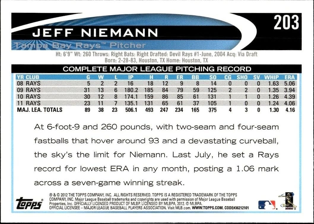 2012 Topps Jeff Niemann #203 baseball trading card back