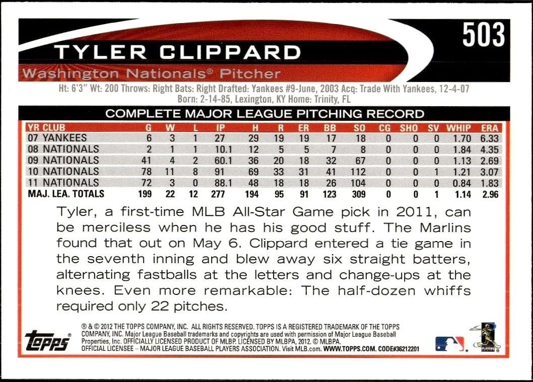 2012 Topps Tyler Clippard #503 baseball trading card back