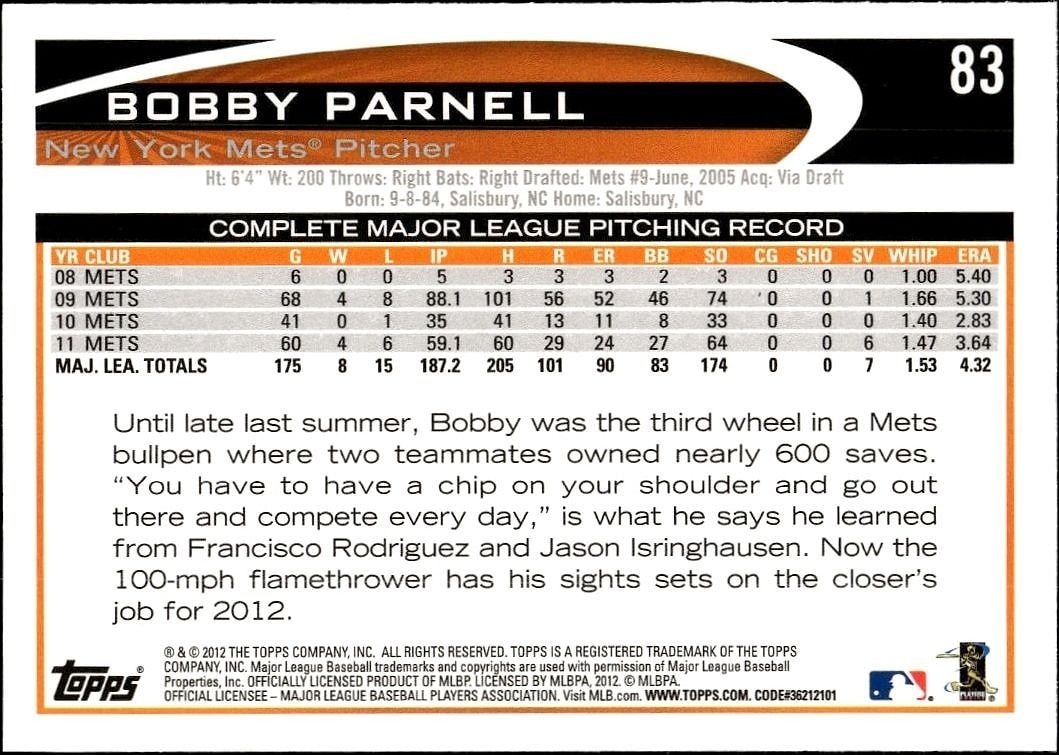2012 Topps Bobby Parnell #83 baseball trading card back