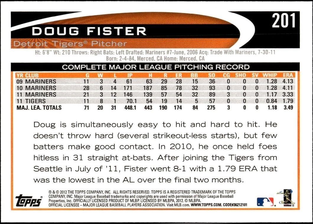 2012 Topps Doug Fister #201 baseball trading card back