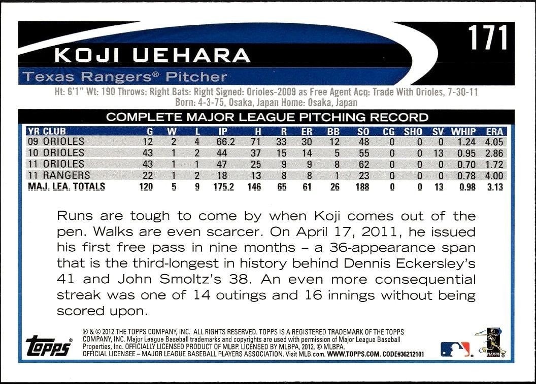 2012 Topps Koji Uehara #171 baseball trading card back