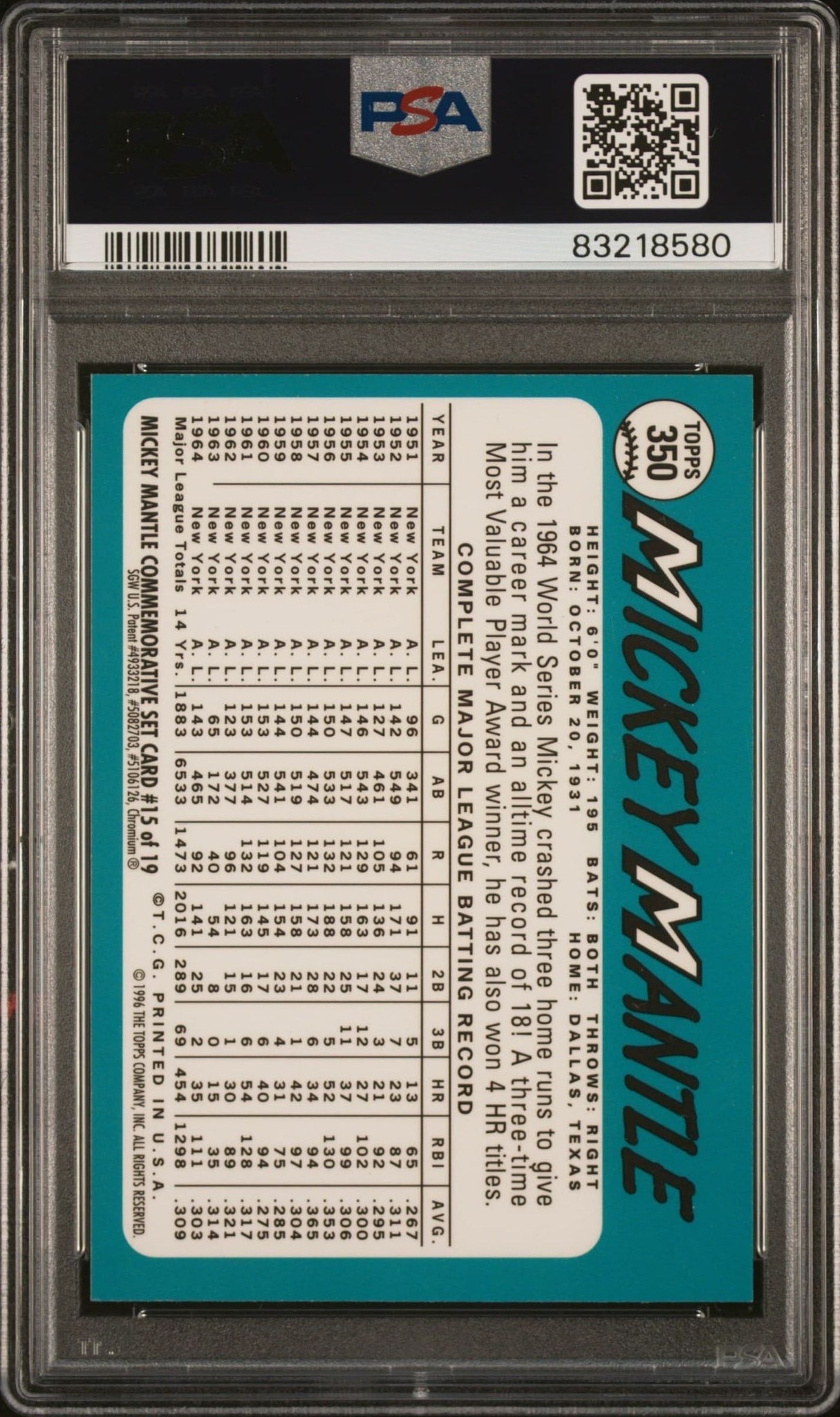 1996 Topps Finest Mickey Mantle #15 baseball trading card back