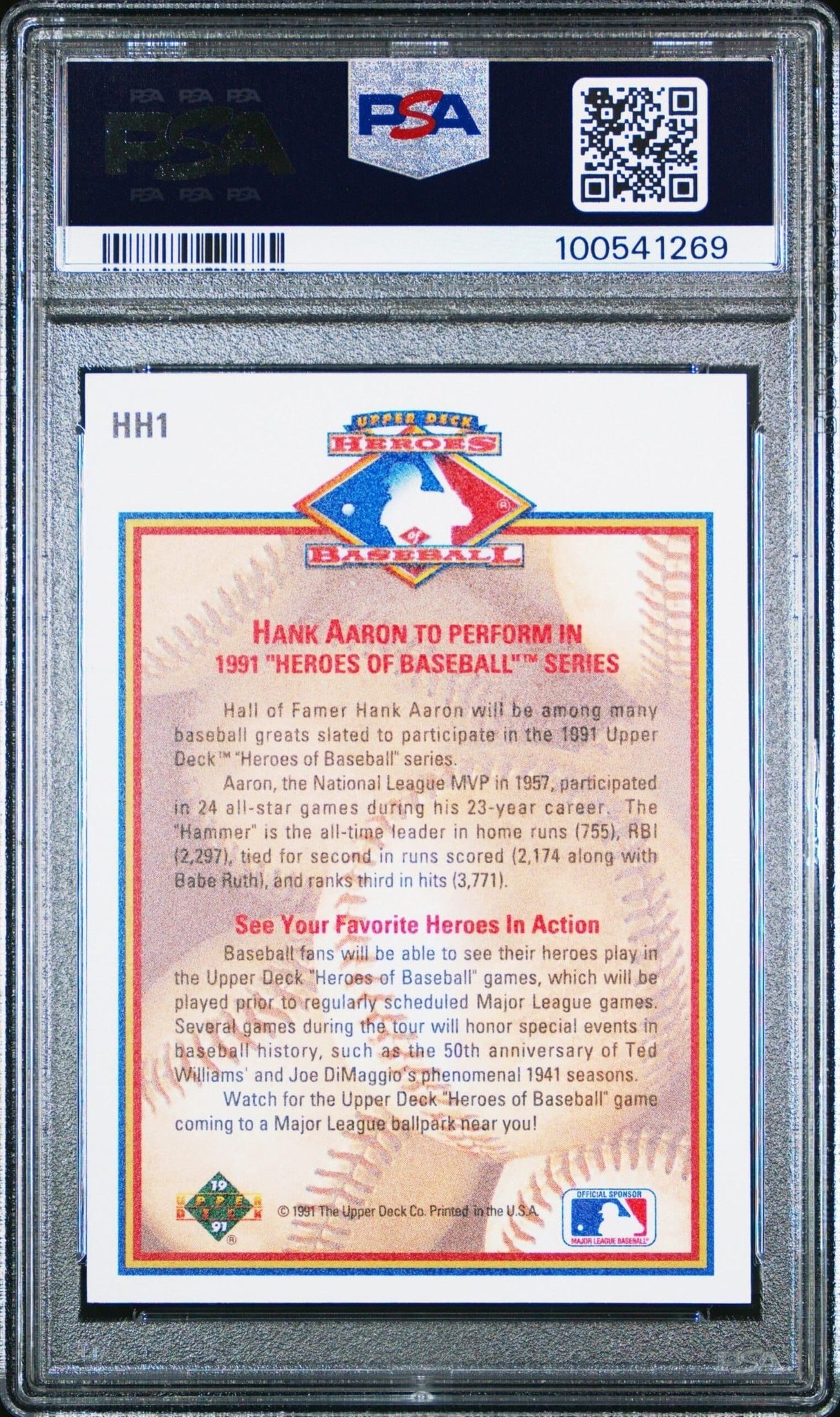 1991 Upper Deck Hank Aaron #HH1 baseball trading card back