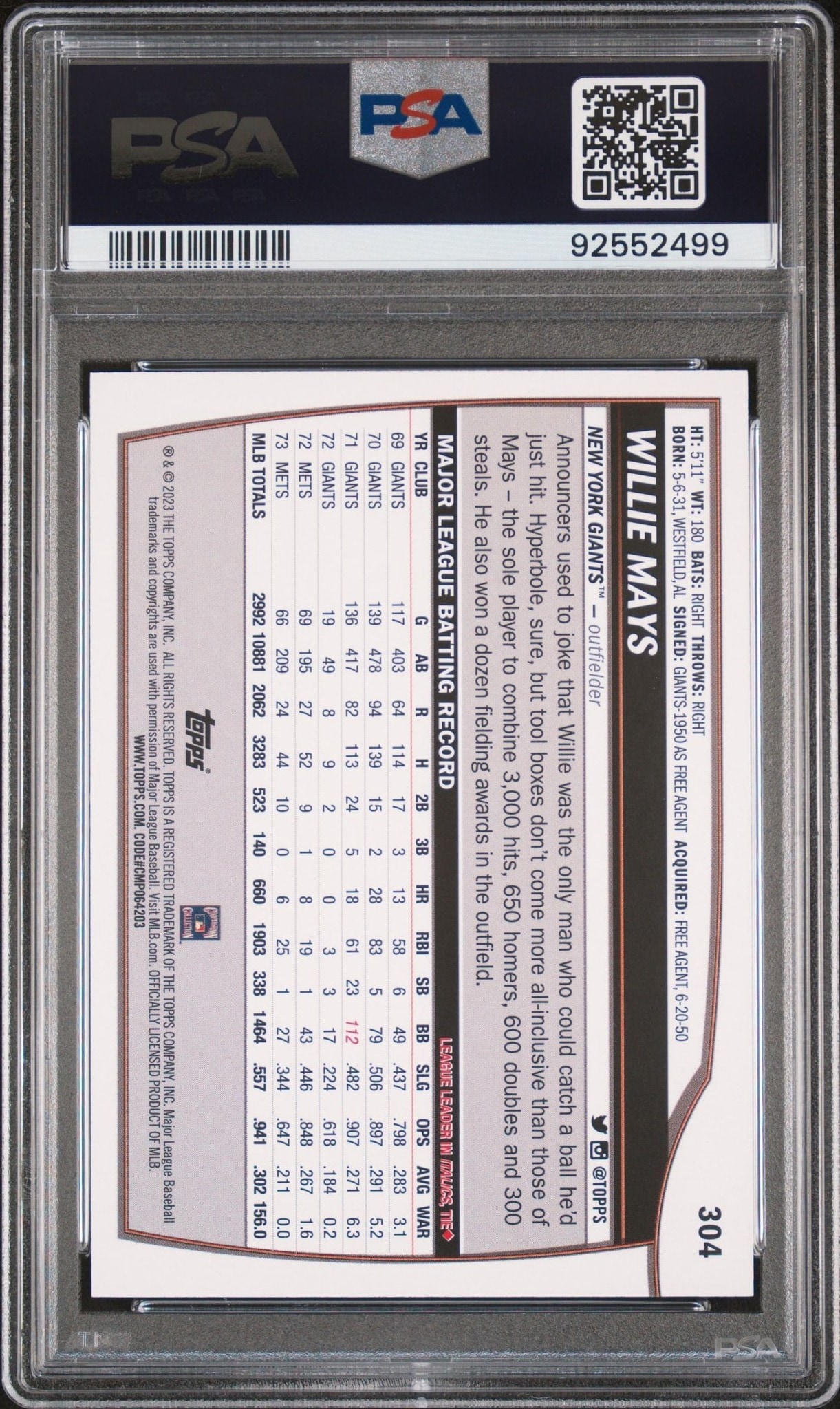 2023 Topps Big League Willie Mays #304 baseball trading card back