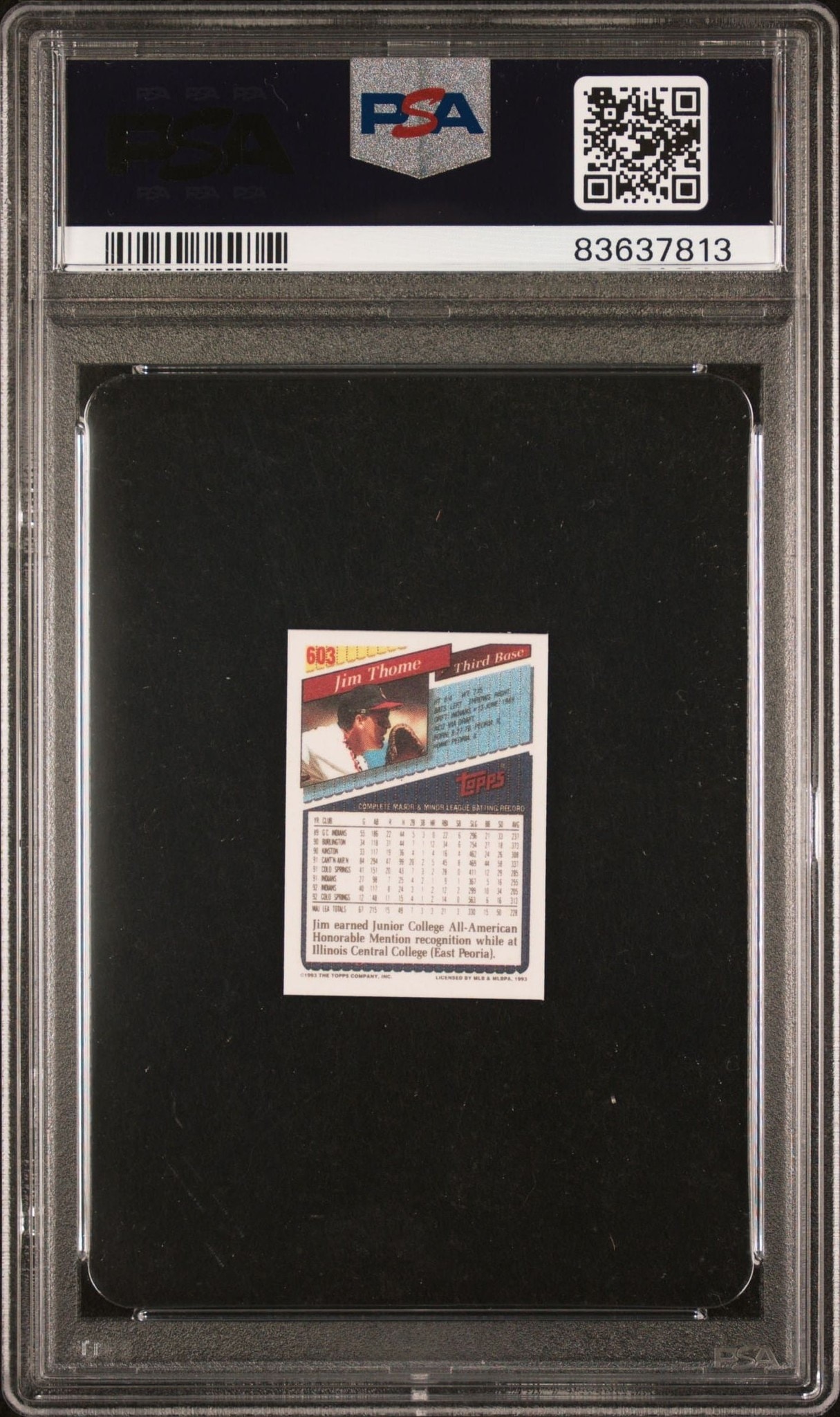 1993 Topps Micro Jim Thome #603 baseball trading card back