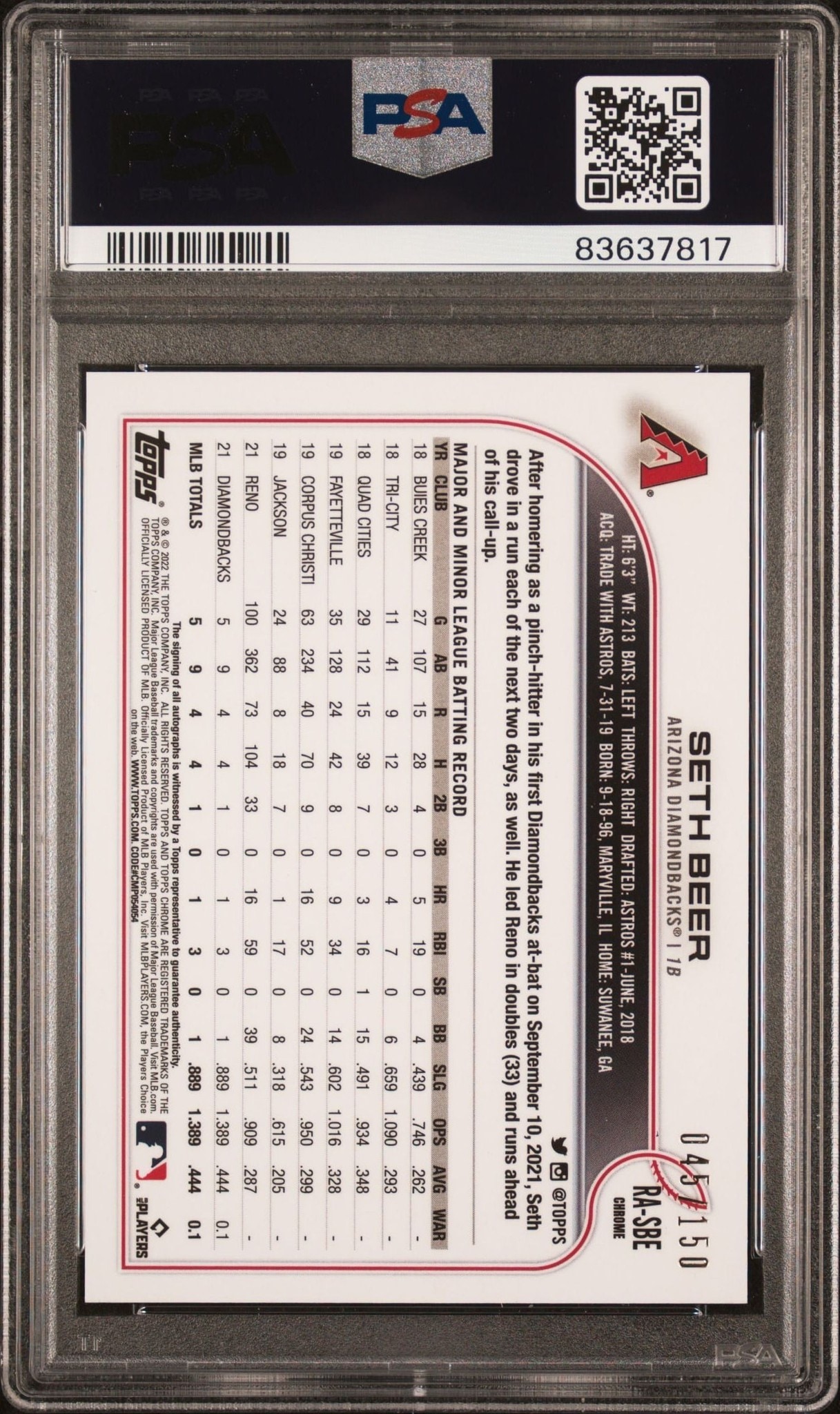 2022 Topps Chrome Seth Beer #RA-SBE baseball trading card back
