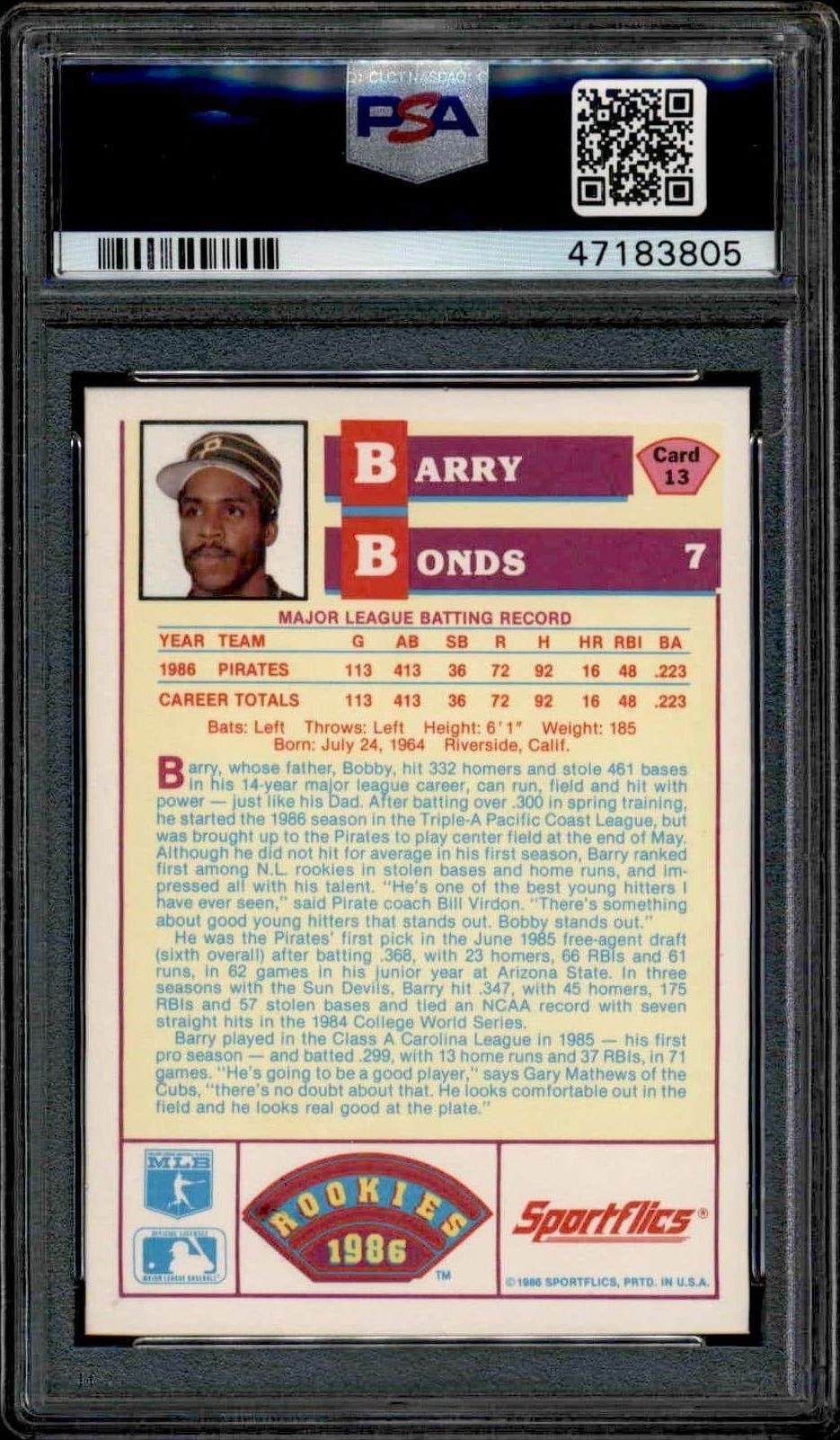 1986 Sportflics Rookies Barry Bonds #13 baseball trading card back