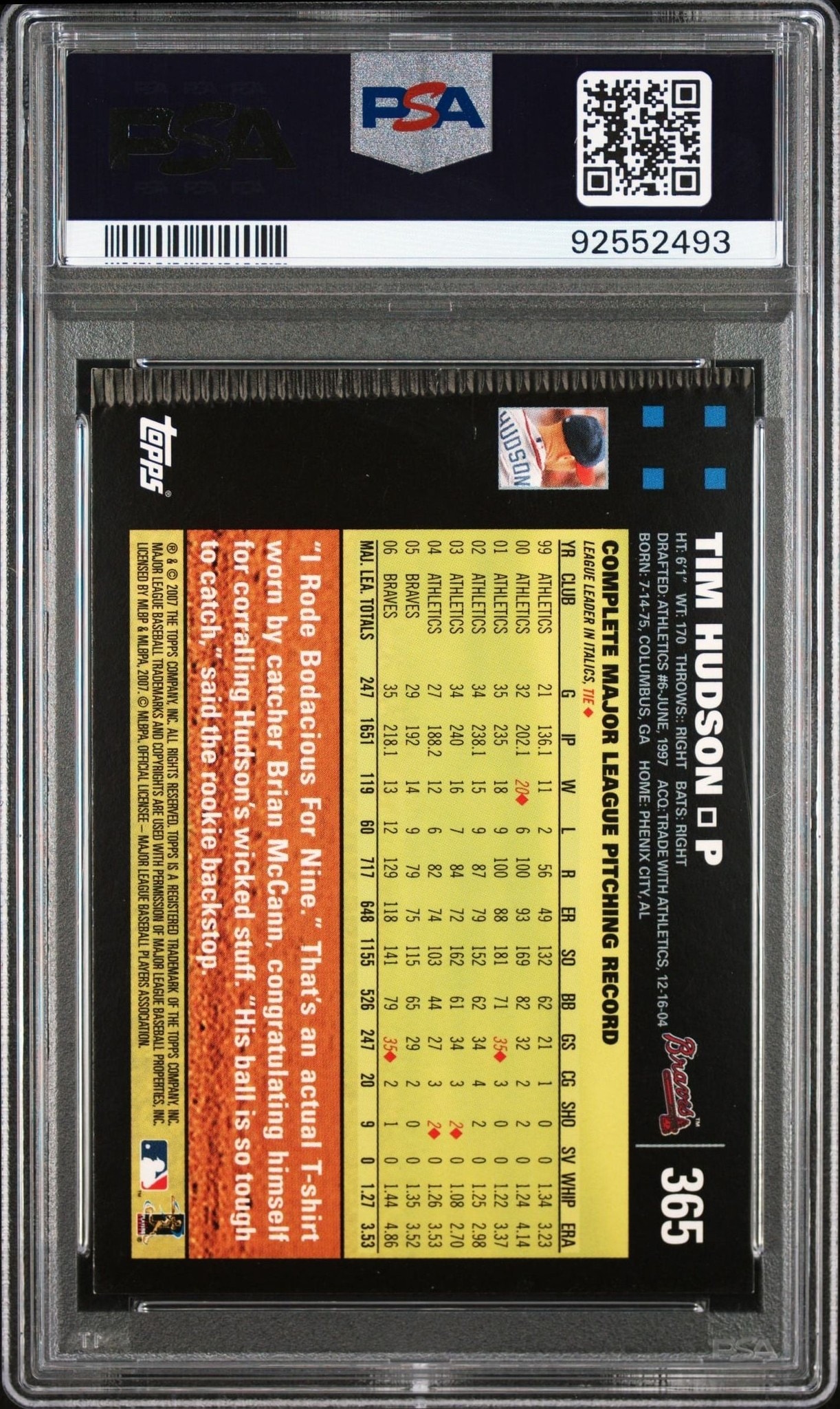 2007 Topps Update Tim Hudson #365 baseball trading card back