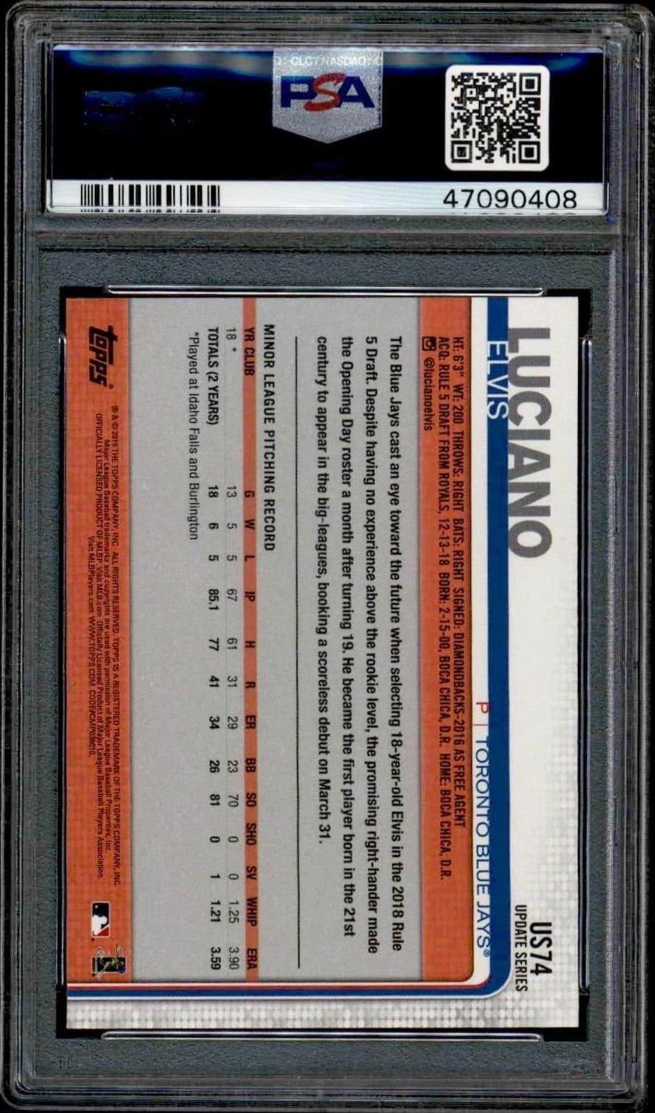 2019 Topps Update Elvis Luciano #US74 baseball trading card back