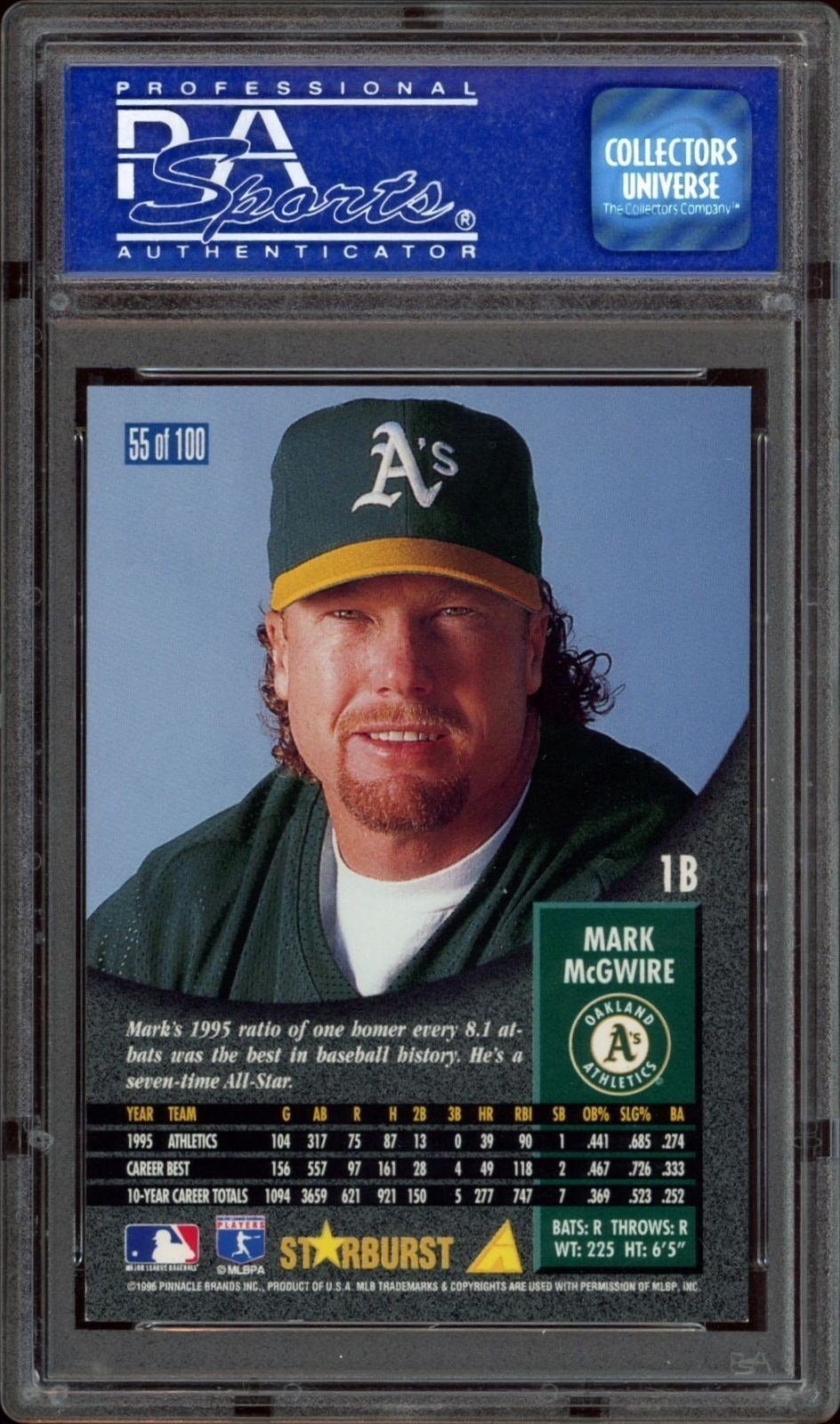 1996 Pinnacle Starburst Mark McGwire #55 baseball trading card back