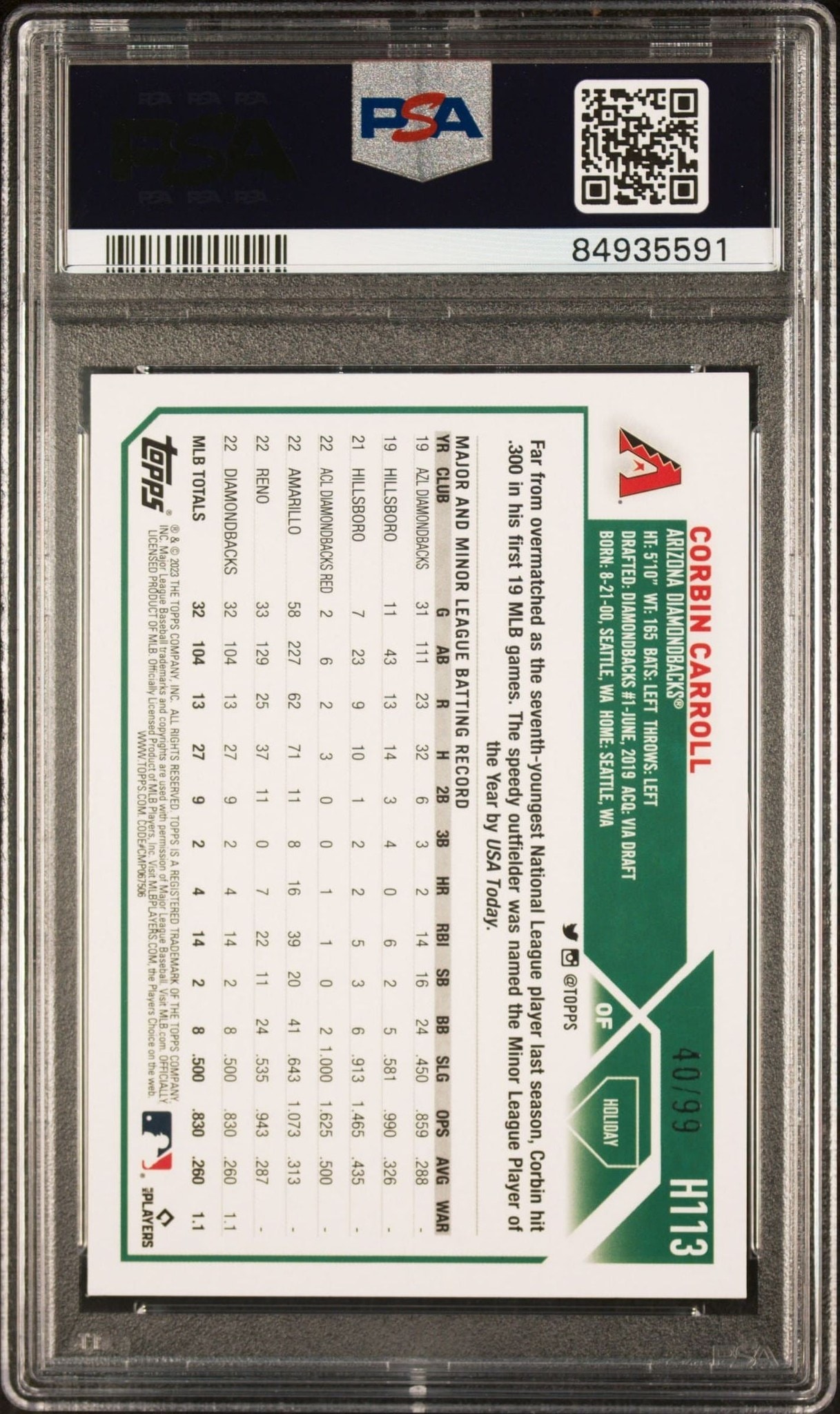 2023 Topps Holiday Corbin Carroll #H113 baseball trading card back