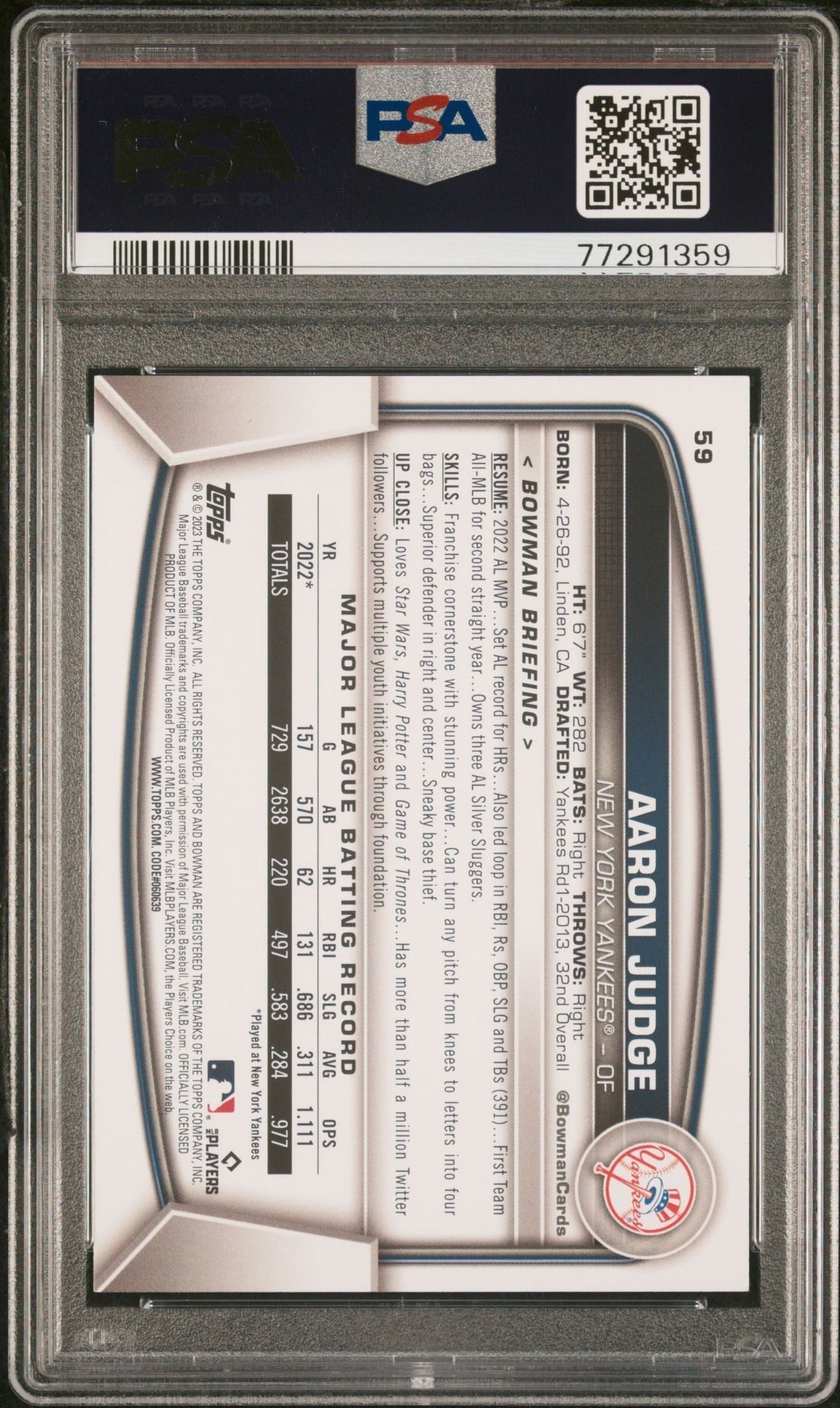 2023 Bowman Orange Aaron Judge #59 baseball trading card back