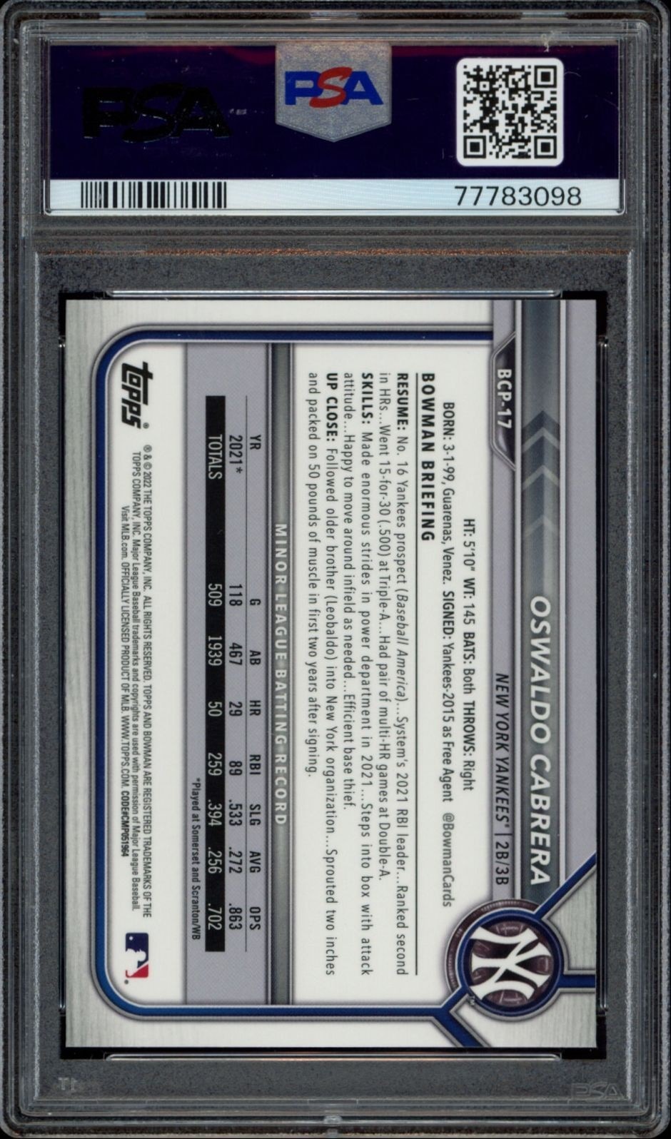 2022 Bowman Chrome Oswaldo Cabrera #BCP-17 baseball trading card back