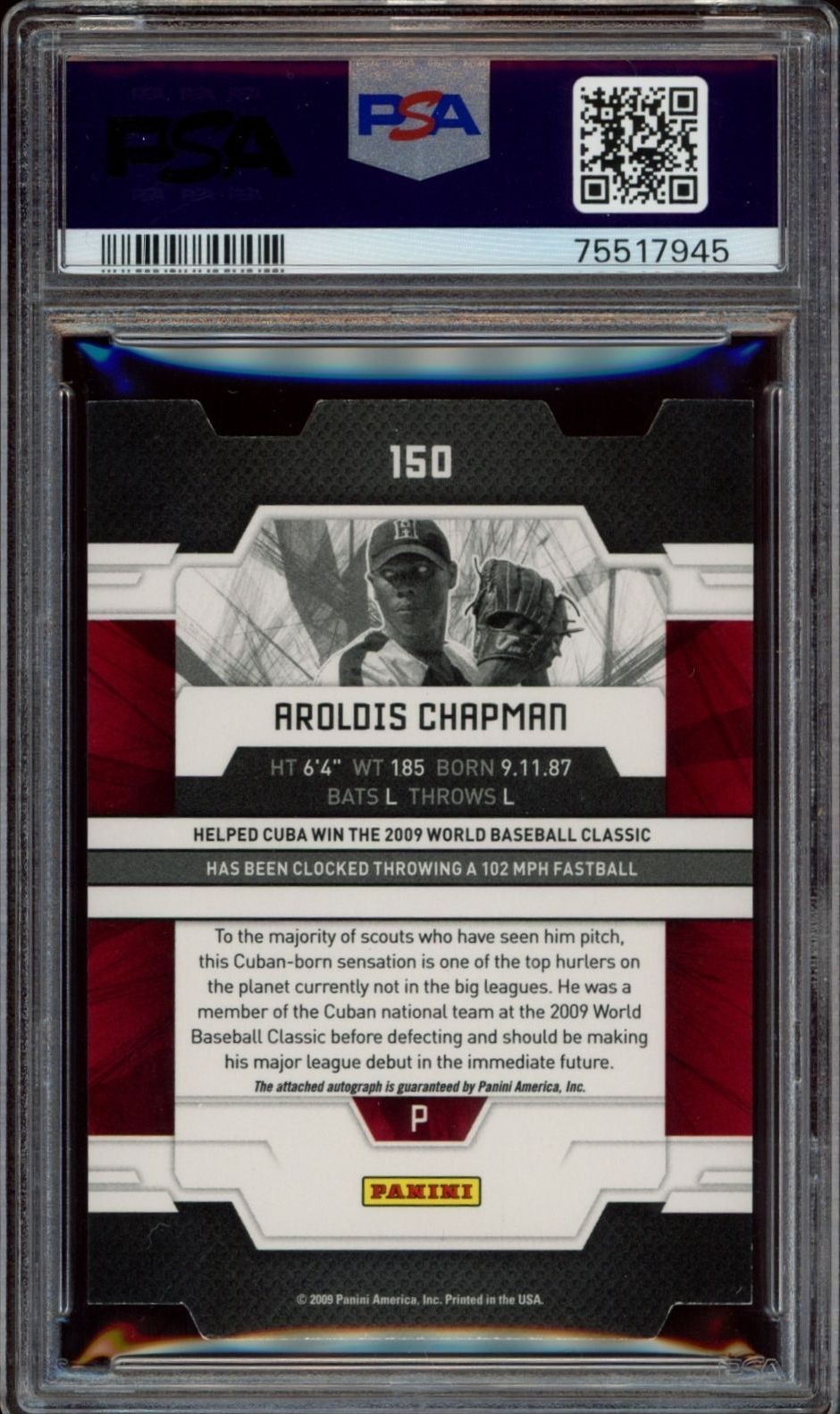 2009 Panini Donruss Elite Extra Edition Aroldis Chapman #150 baseball trading card back