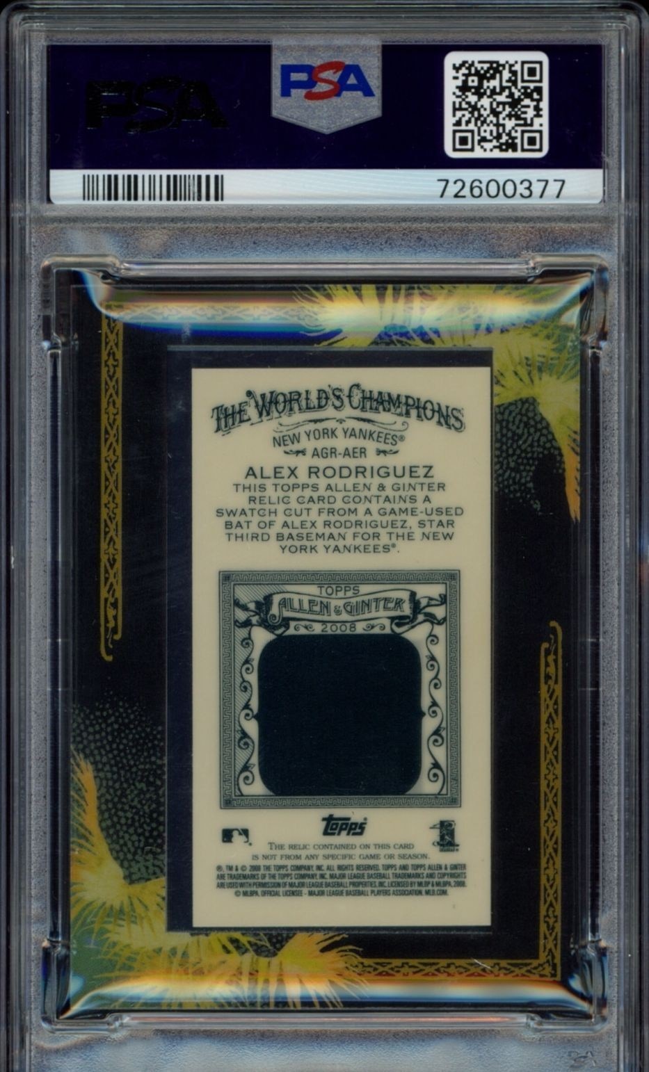 2008 Topps Allen & Ginter Alex Rodriguez #AGR-AER baseball trading card back