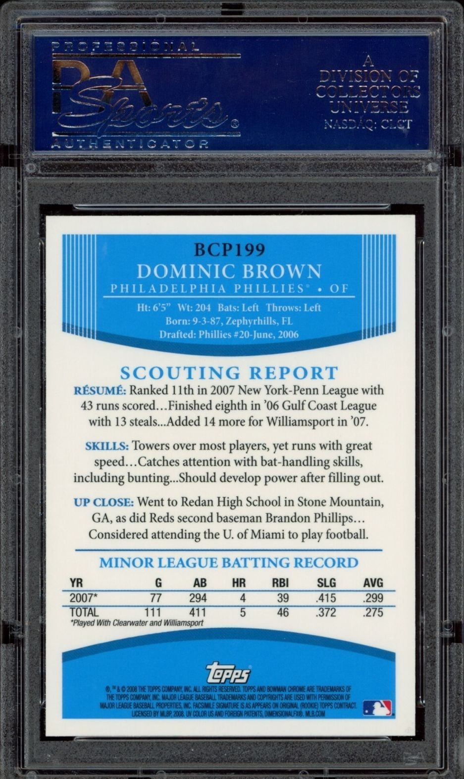 2008 Bowman Chrome Dominic Brown #BCP199 baseball trading card back