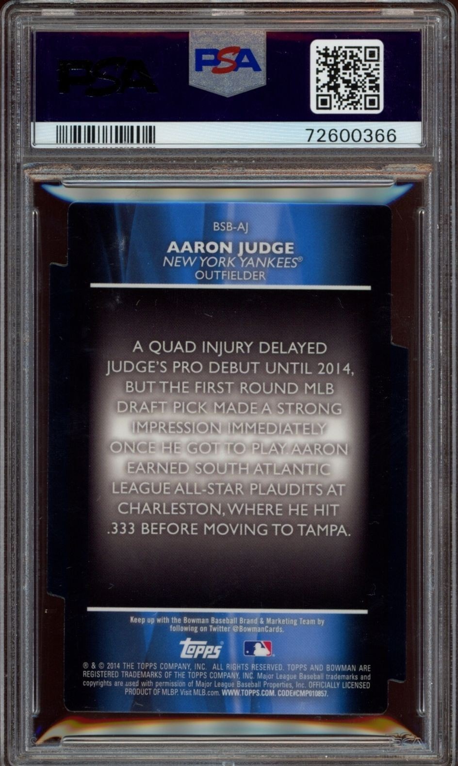 2014 Bowman Draft Aaron Judge #BSB-AJ baseball trading card back