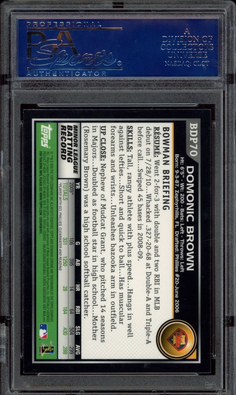 2010 Bowman Chrome Domonic Brown #BDP70 baseball trading card back