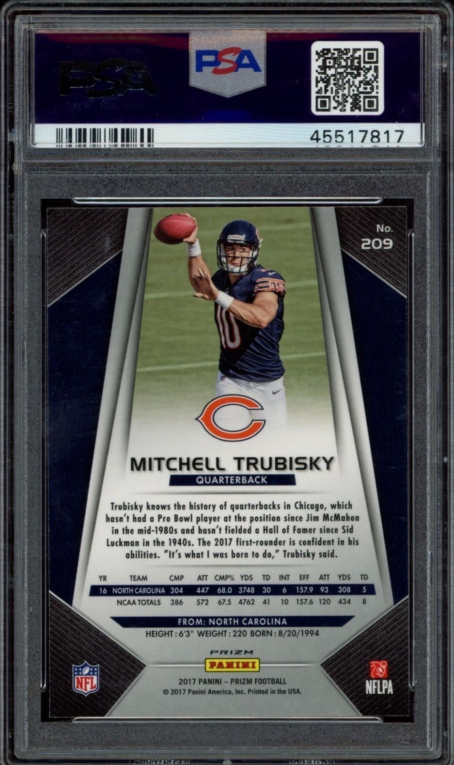 2017 Panini Prizm Mitchell Trubisky #209 football trading card back