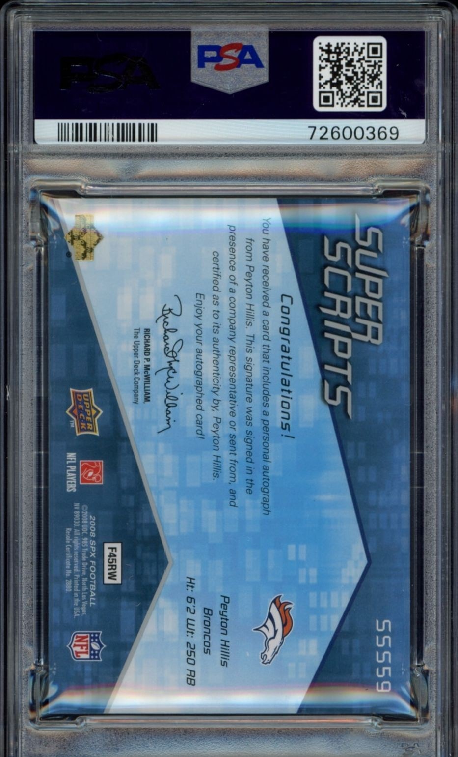 2008 Upper Deck Spx Peyton Hillis #SSS59 football trading card back