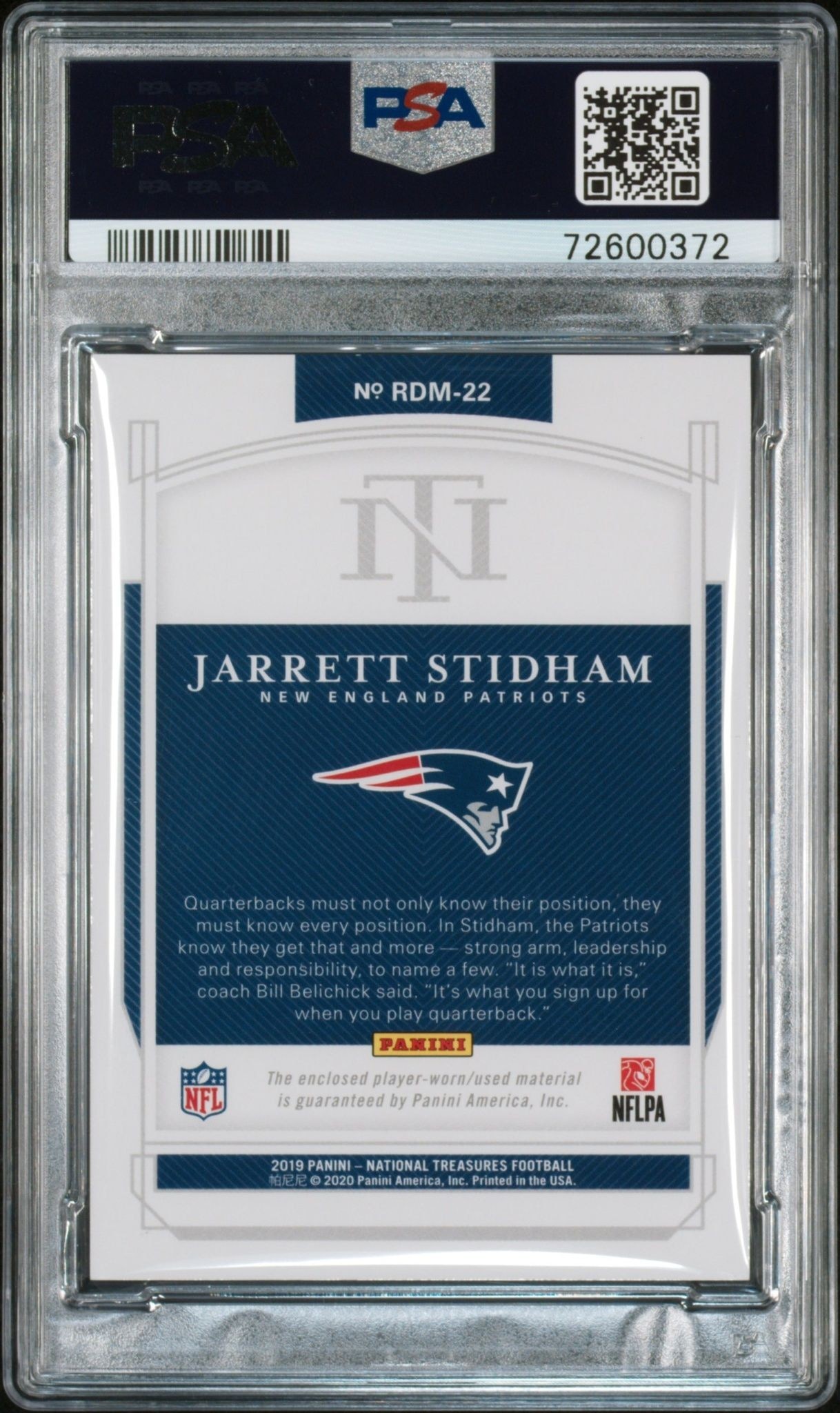 2019 Panini National Treasures Jarrett Stidham #RDM-22 football trading card back