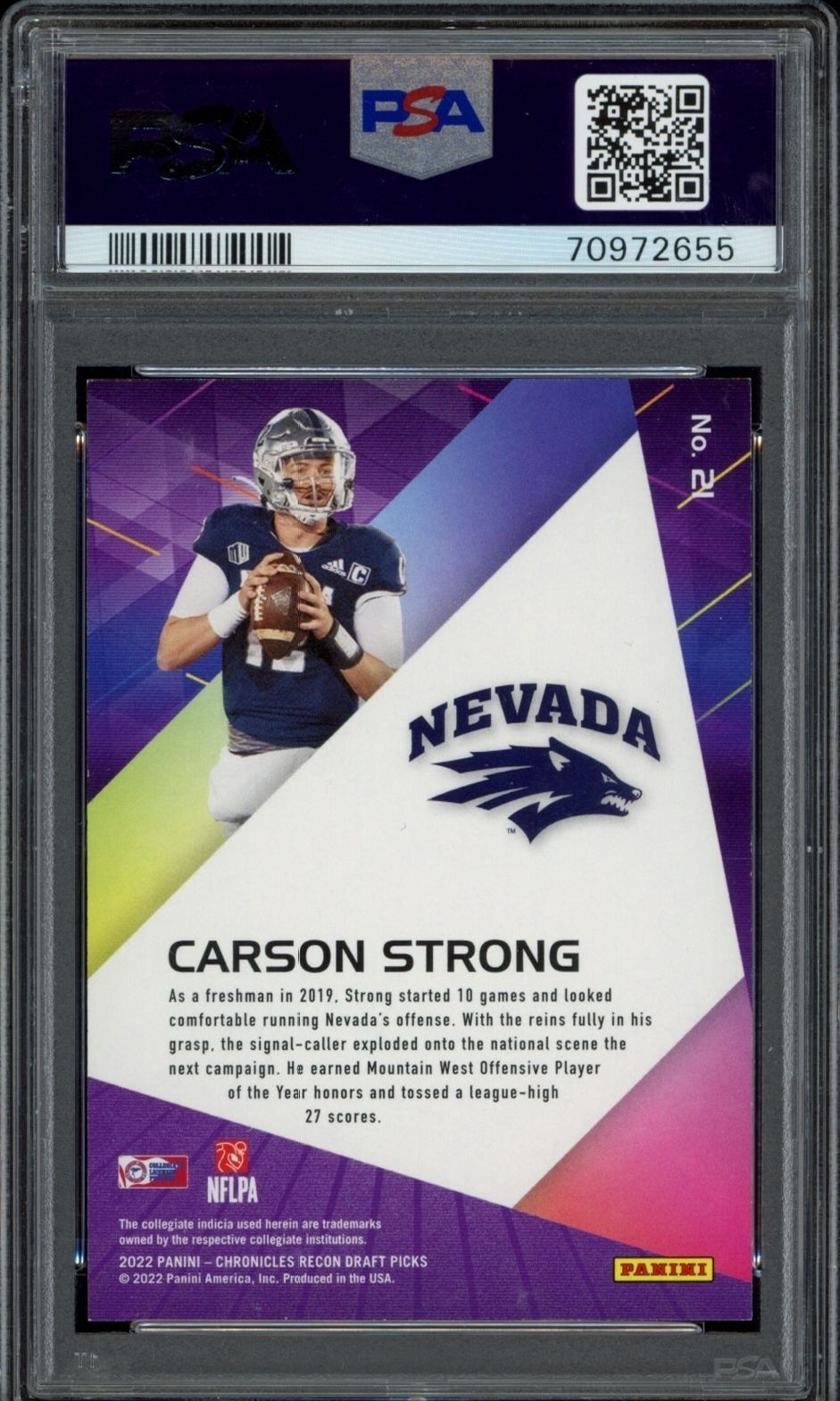 2022 Panini Chronicles Draft Picks Carson Strong #21 football trading card back