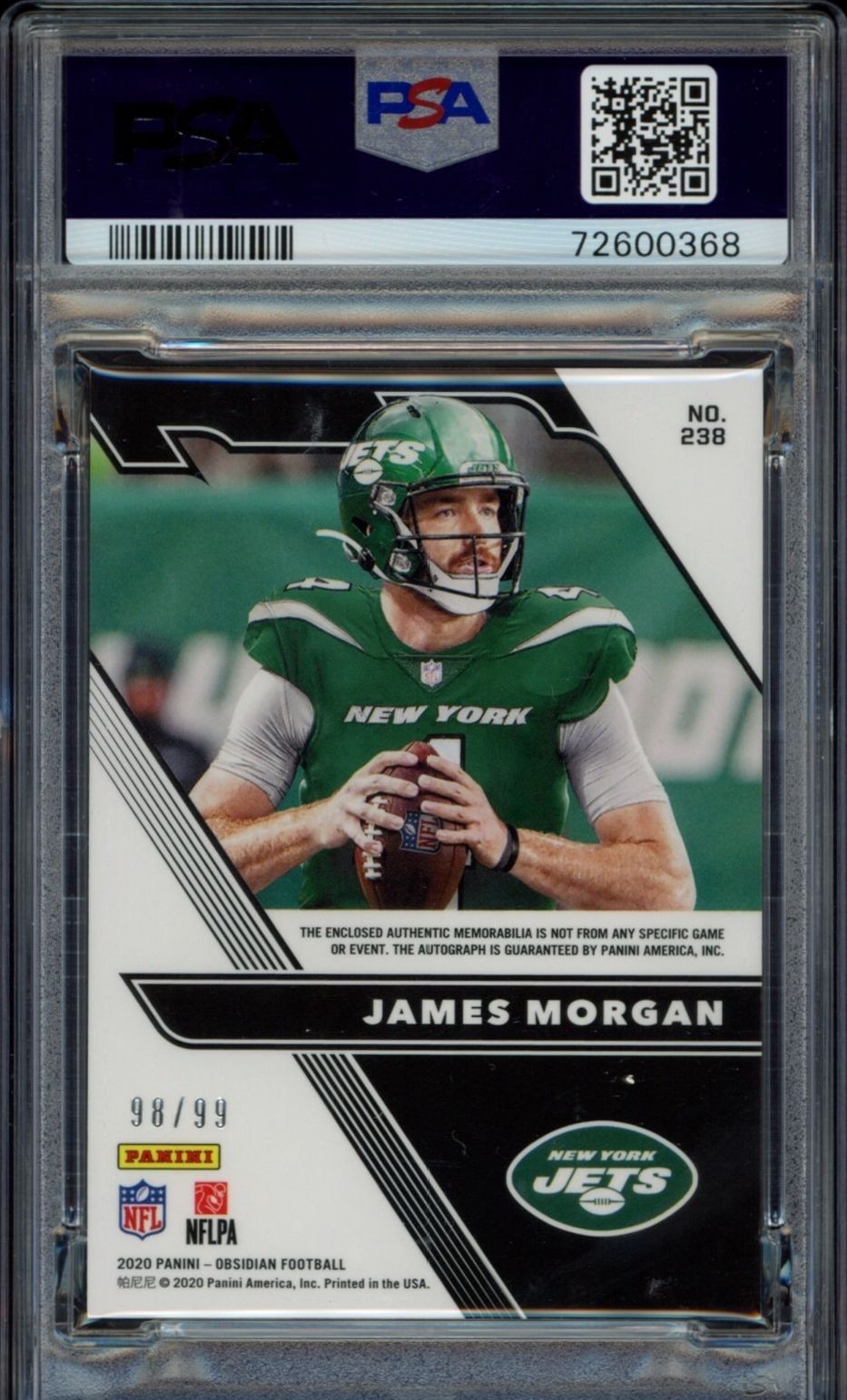 2020 Panini Obsidian James Morgan #238 football trading card back