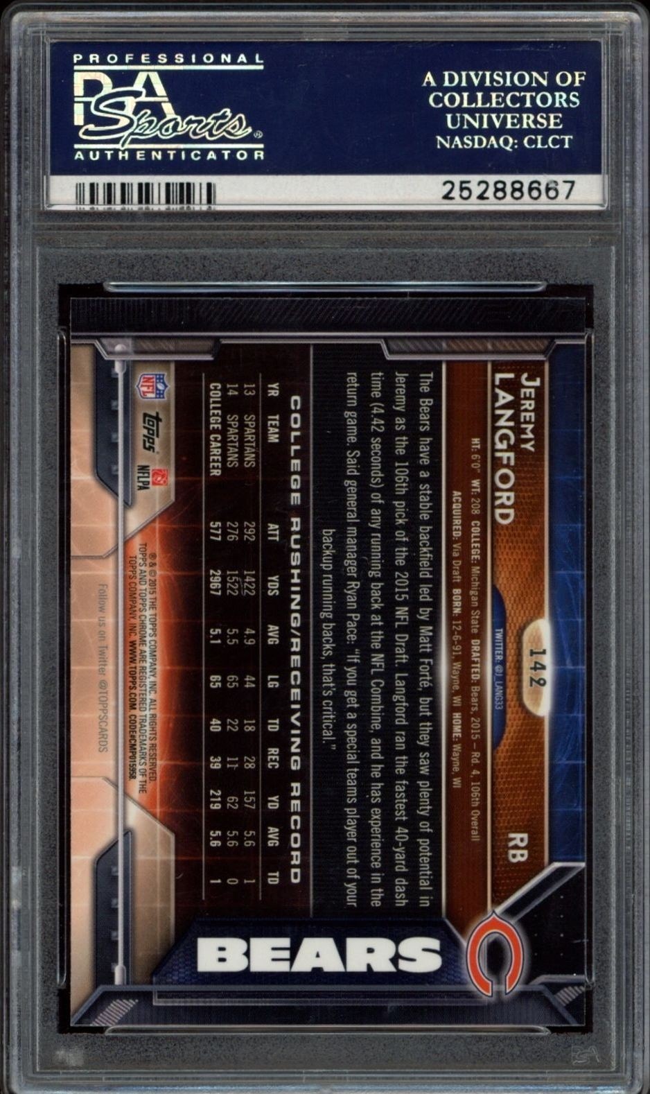 2015 Topps Chrome Jeremy Langford #142 football trading card back