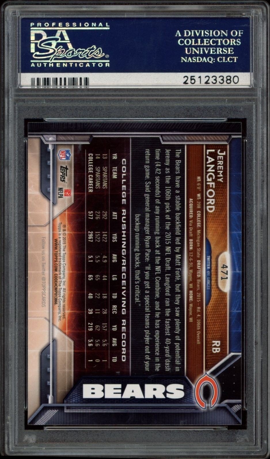 2015 Topps Jeremy Langford #471 football trading card back