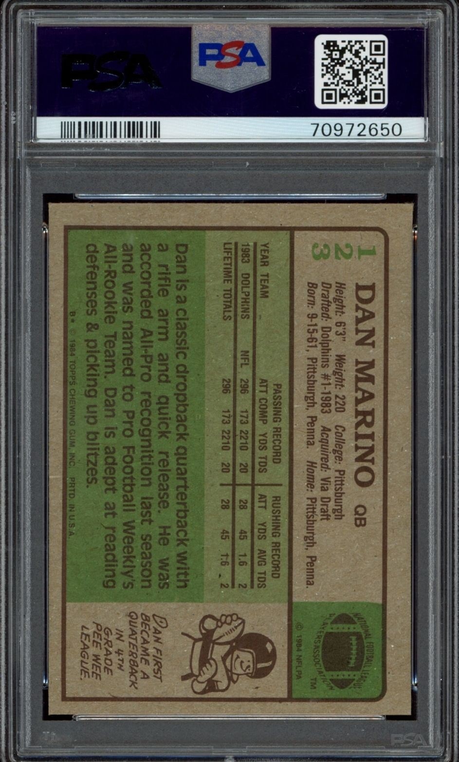 1984 Topps Dan Marino #123 football trading card back