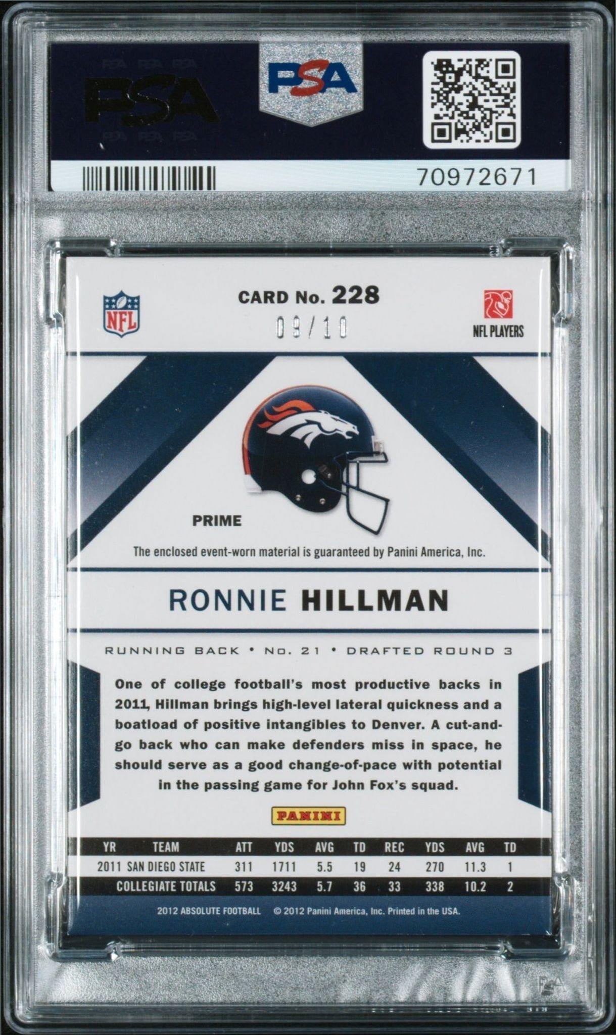 2012 Panini Ronnie Hillman #228 football trading card back
