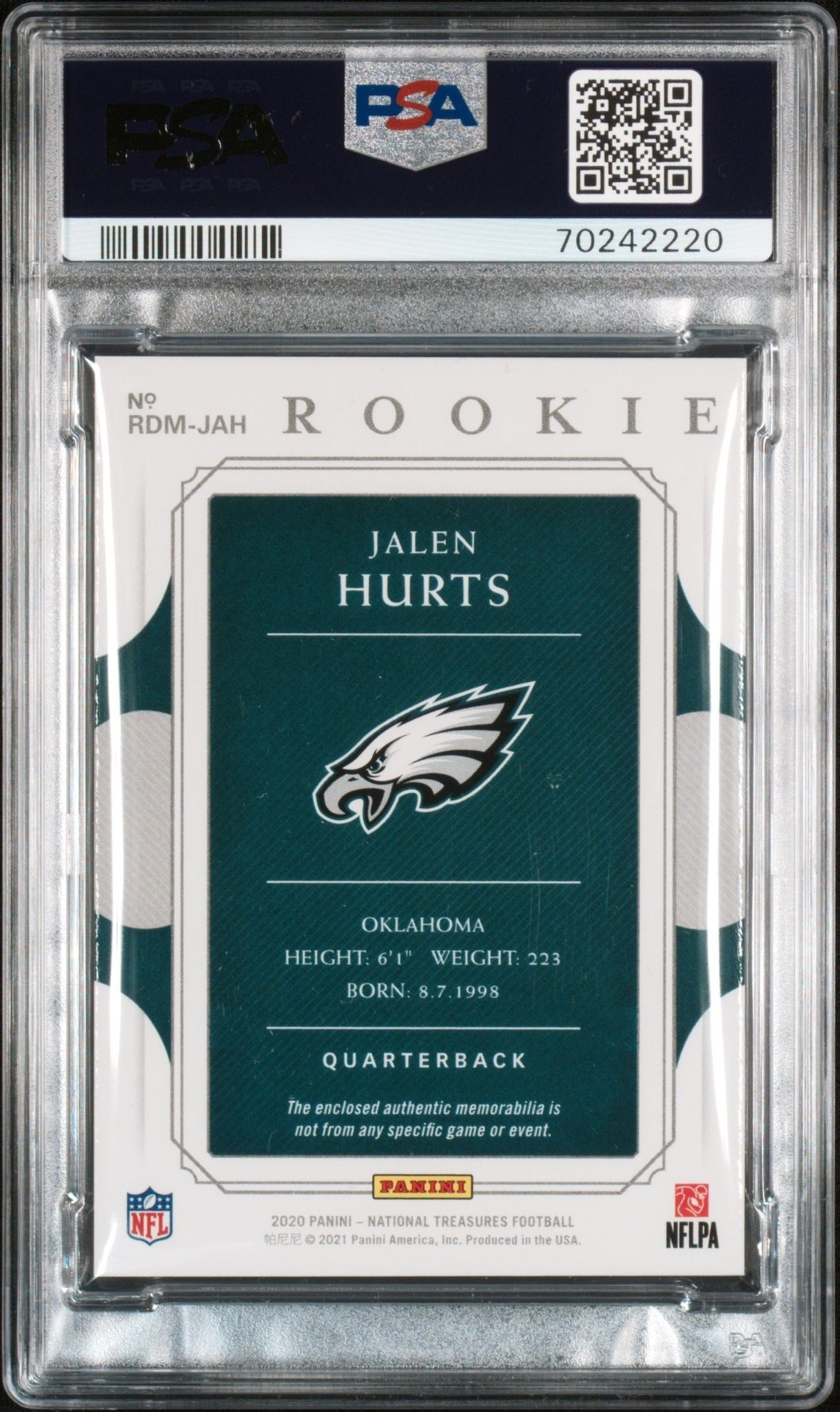 2020 Panini National Treasures Jalen Hurts #RDM-JAH football trading card back