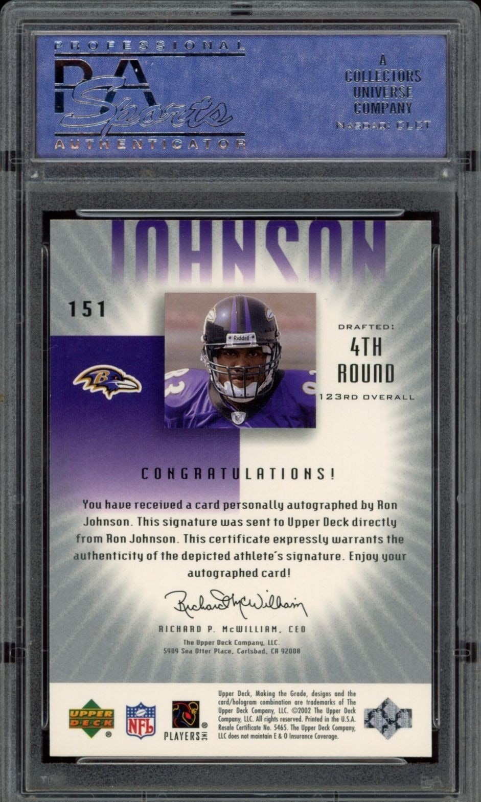 2002 Upper Deck Graded Ron Johnson #151 football trading card back