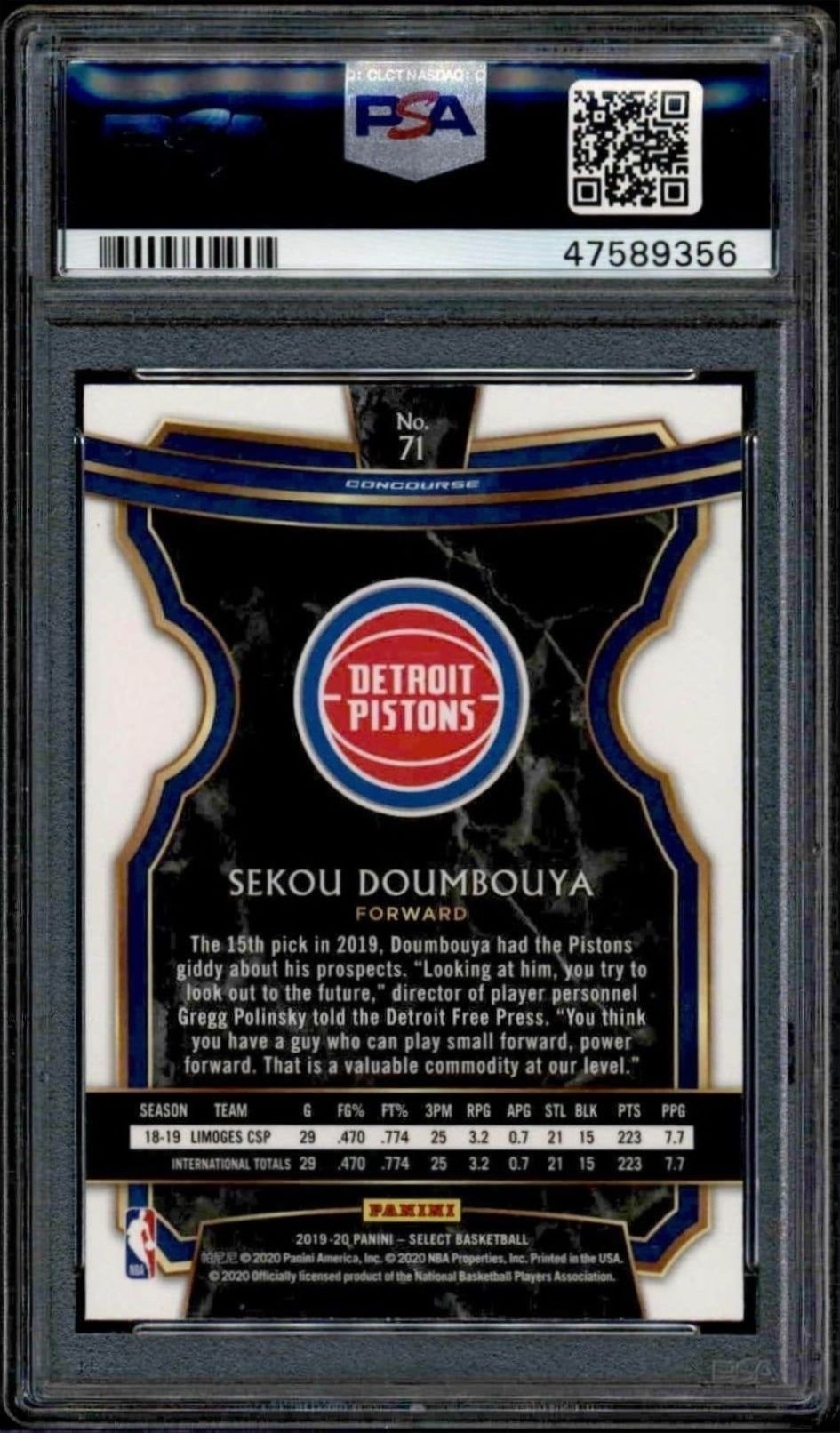 2019-20 Panini Select Sekou Doumbouya #71 basketball trading card back