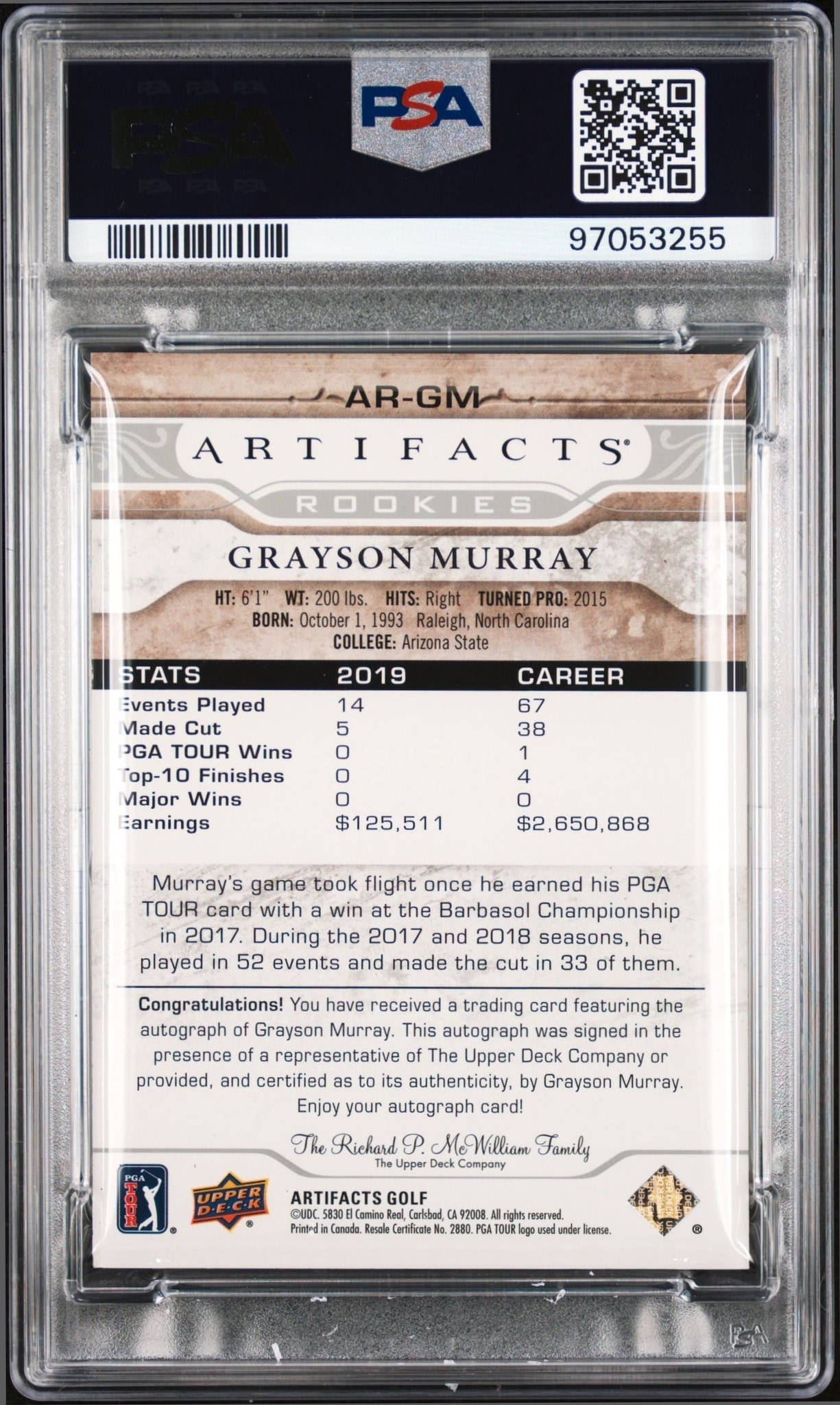 2021 Upper Deck Artifacts Grayson Murray #AR-GM golf trading card back