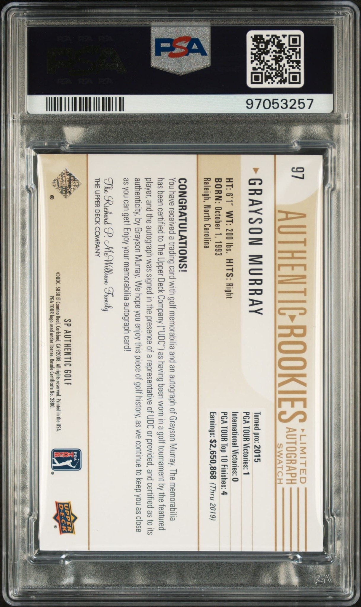 2021 Upper Deck SP Authentic Grayson Murray #97 golf trading card back