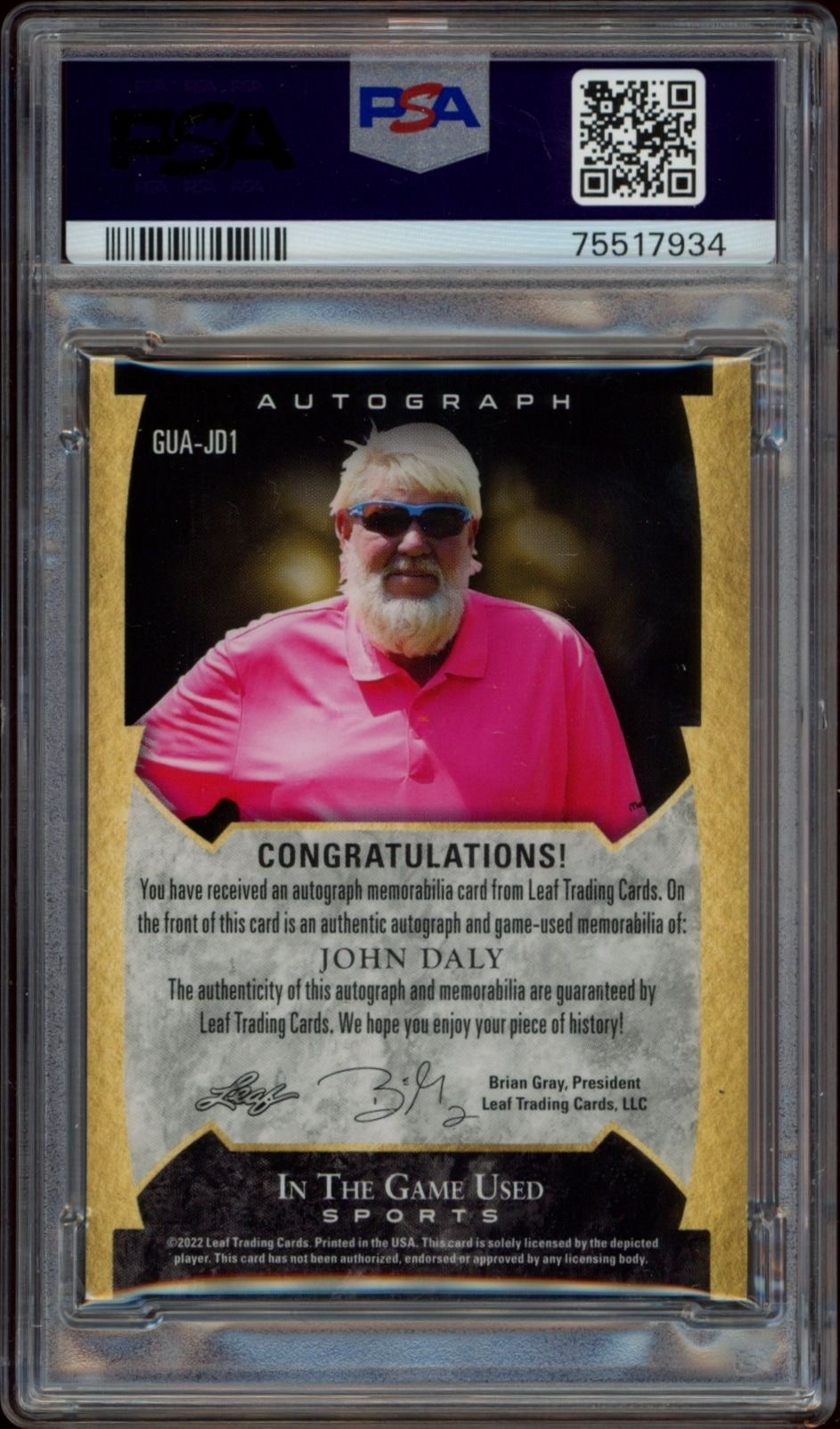 2022 Leaf In the Game Used Sports John Daly #GUA-JD1 golf trading card back