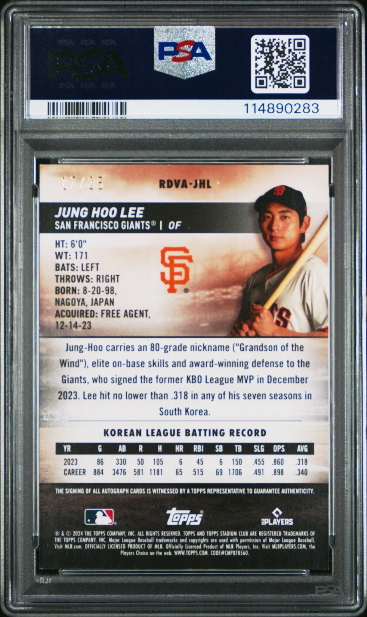 2024 Topps Stadium Club Jung Hoo Lee #RDVA-JHL baseball trading card back