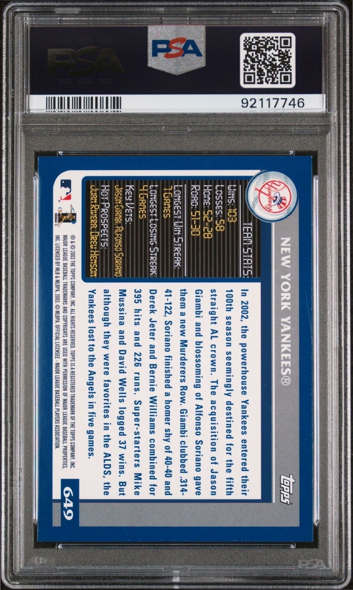 2003 Topps Series 2 New York Yankees #649 baseball trading card back
