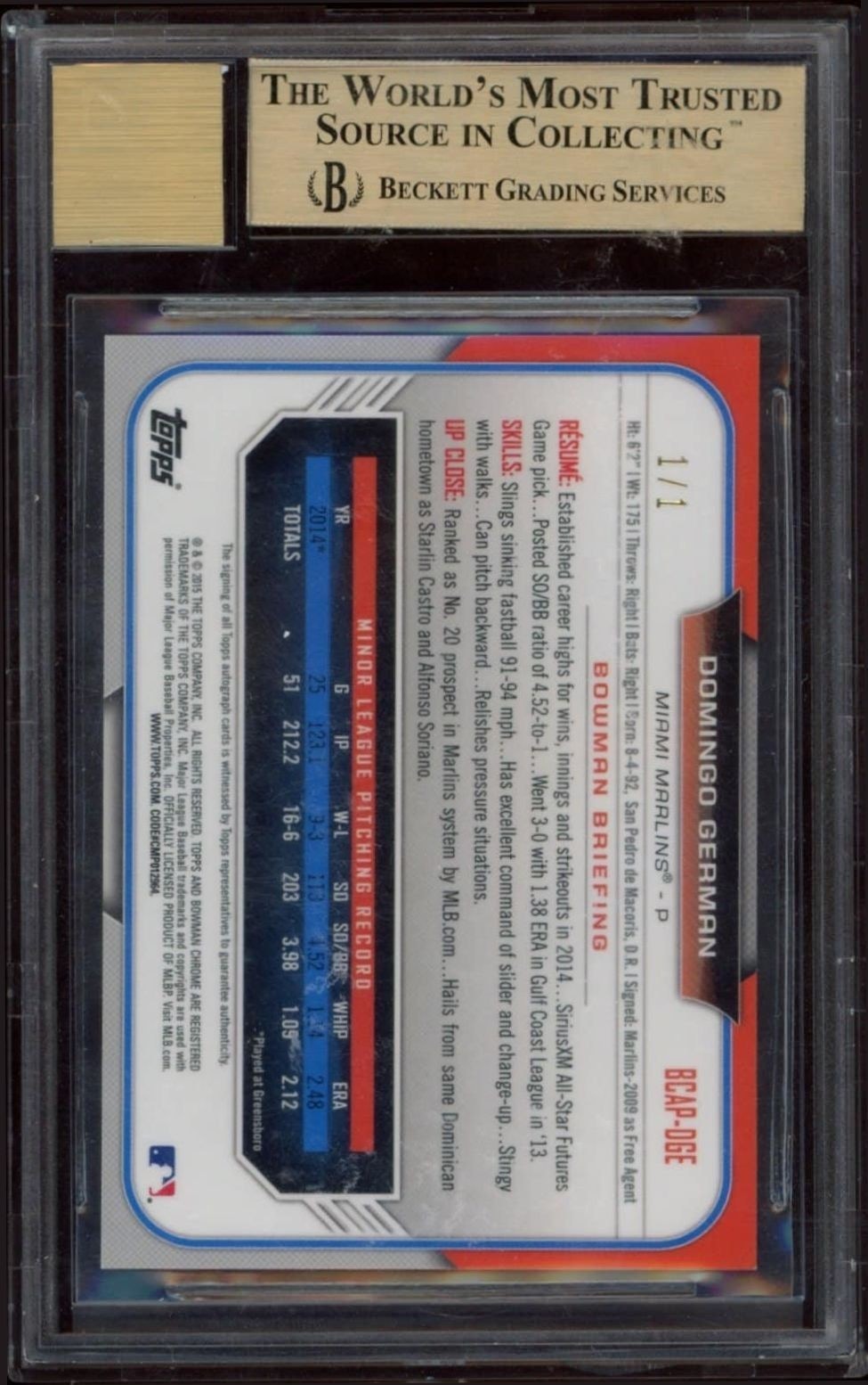 2015 Bowman Draft Domingo German #BCAP-DGE baseball trading card back