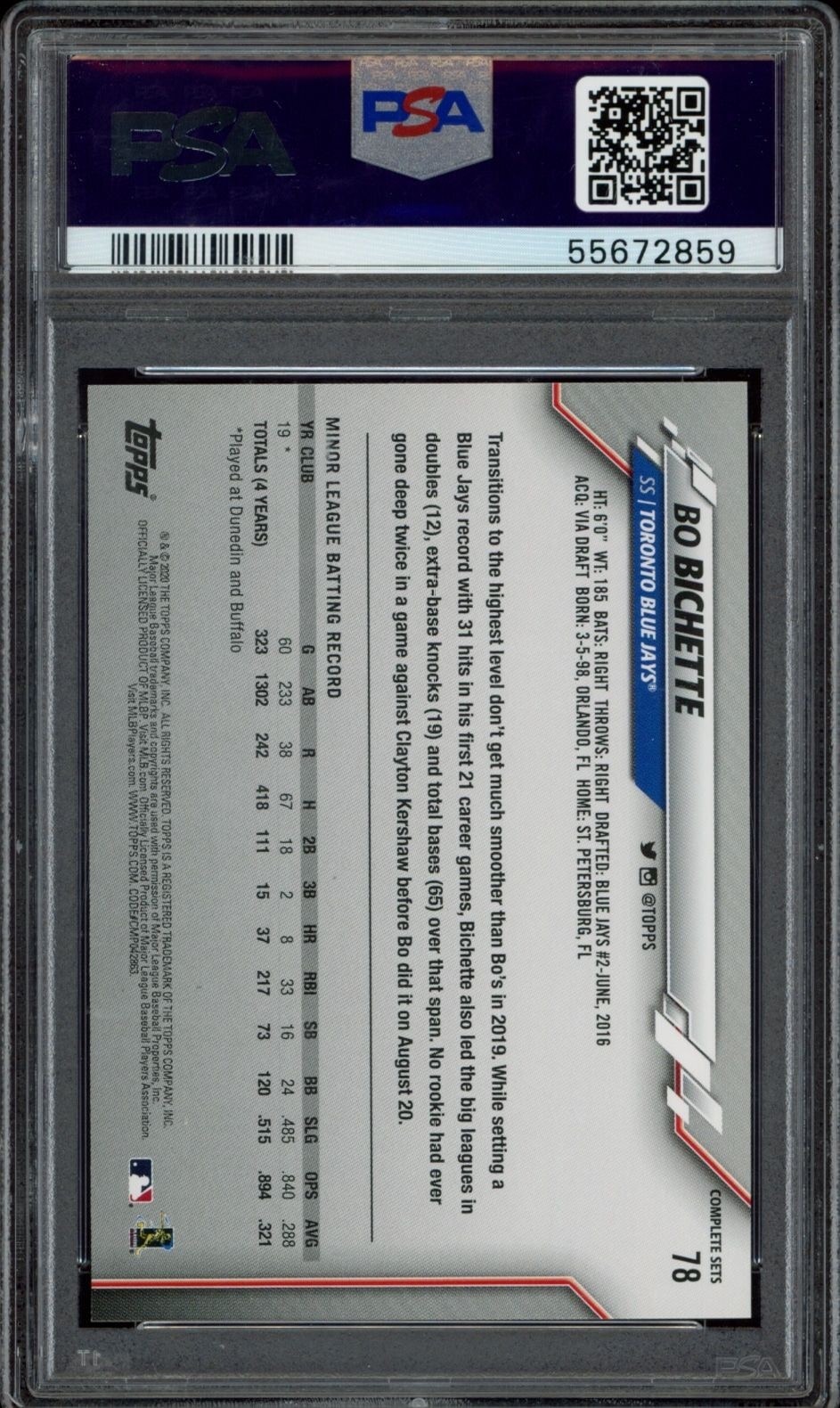 2020 Topps Complete Sets Bo Bichette #78 baseball trading card back