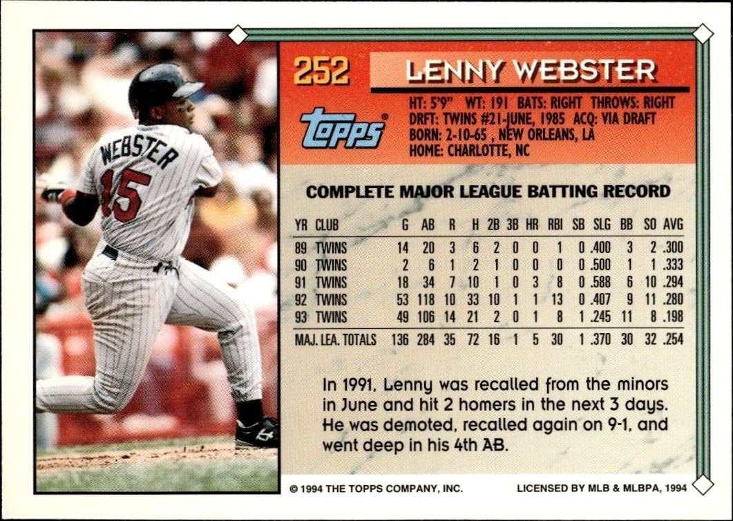 1994 Topps Lenny Webster #252 baseball trading card back