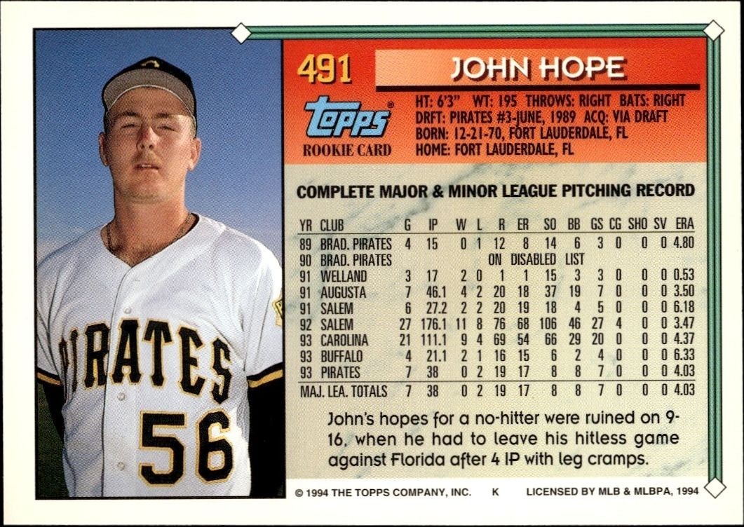 1994 Topps John Hope #491 baseball trading card back