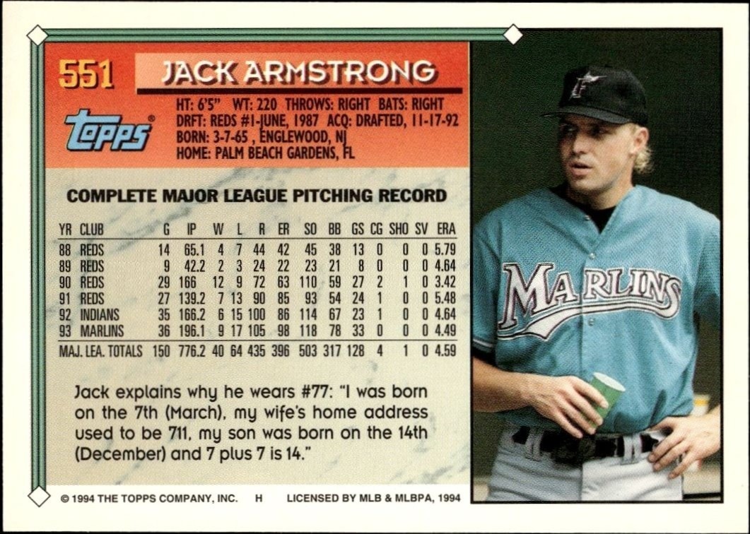 1994 Topps Jack Armstrong #551 baseball trading card back