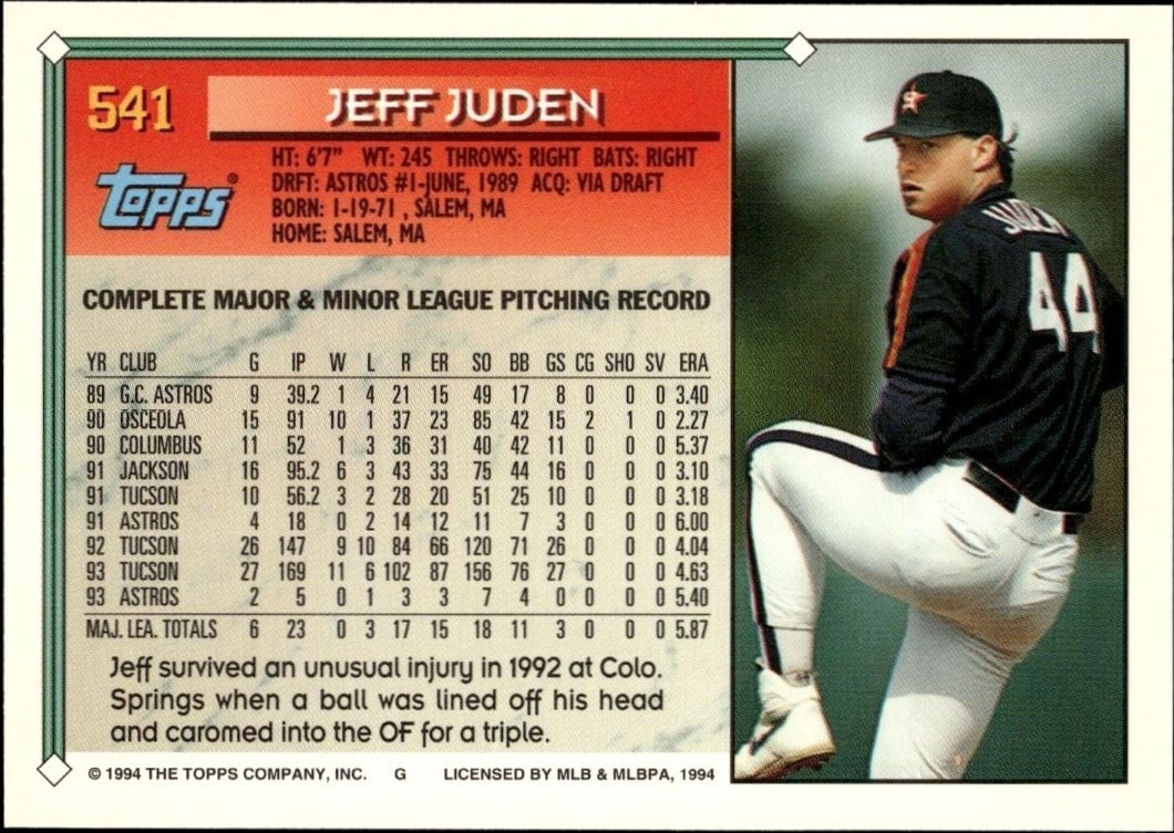 1994 Topps Jeff Juden #541 baseball trading card back