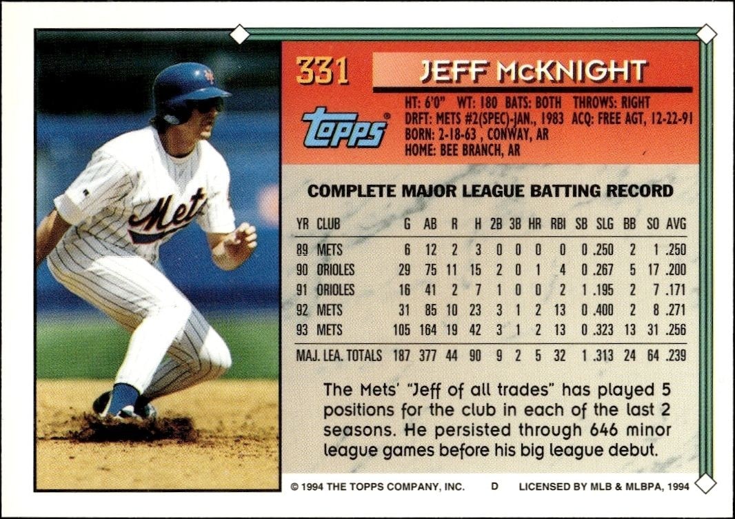 1994 Topps Jeff McKnight #331 baseball trading card back