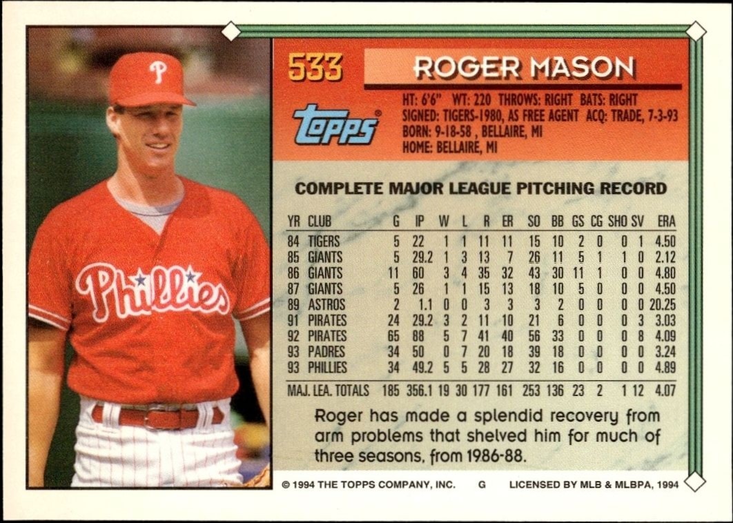 1994 Topps Roger Mason #533 baseball trading card back