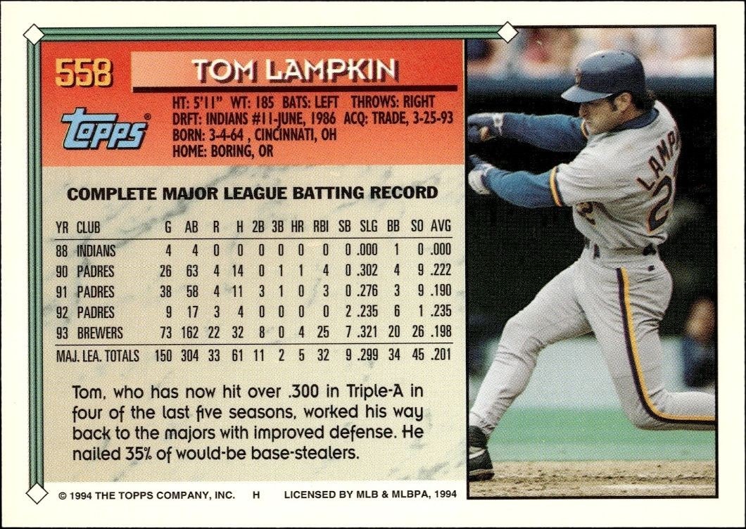 1994 Topps Tom Lampkin #558 baseball trading card back