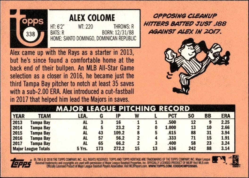 2018 Topps Heritage Alex Colome #338 baseball trading card back