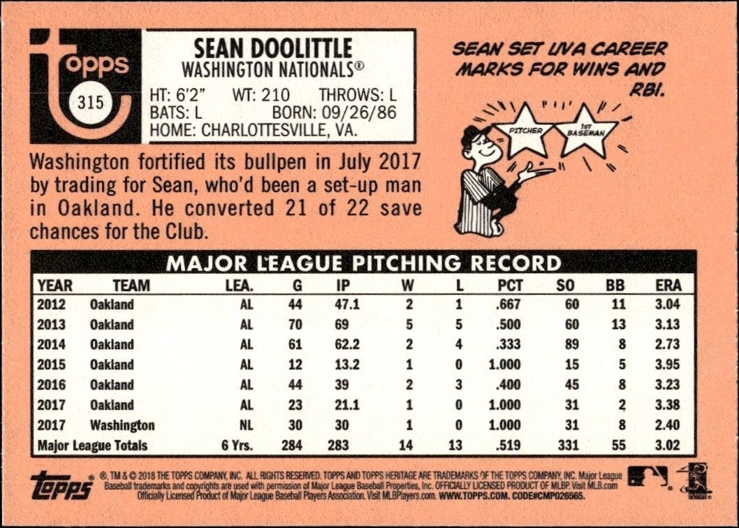 2018 Topps Heritage Sean Doolittle #315 baseball trading card back